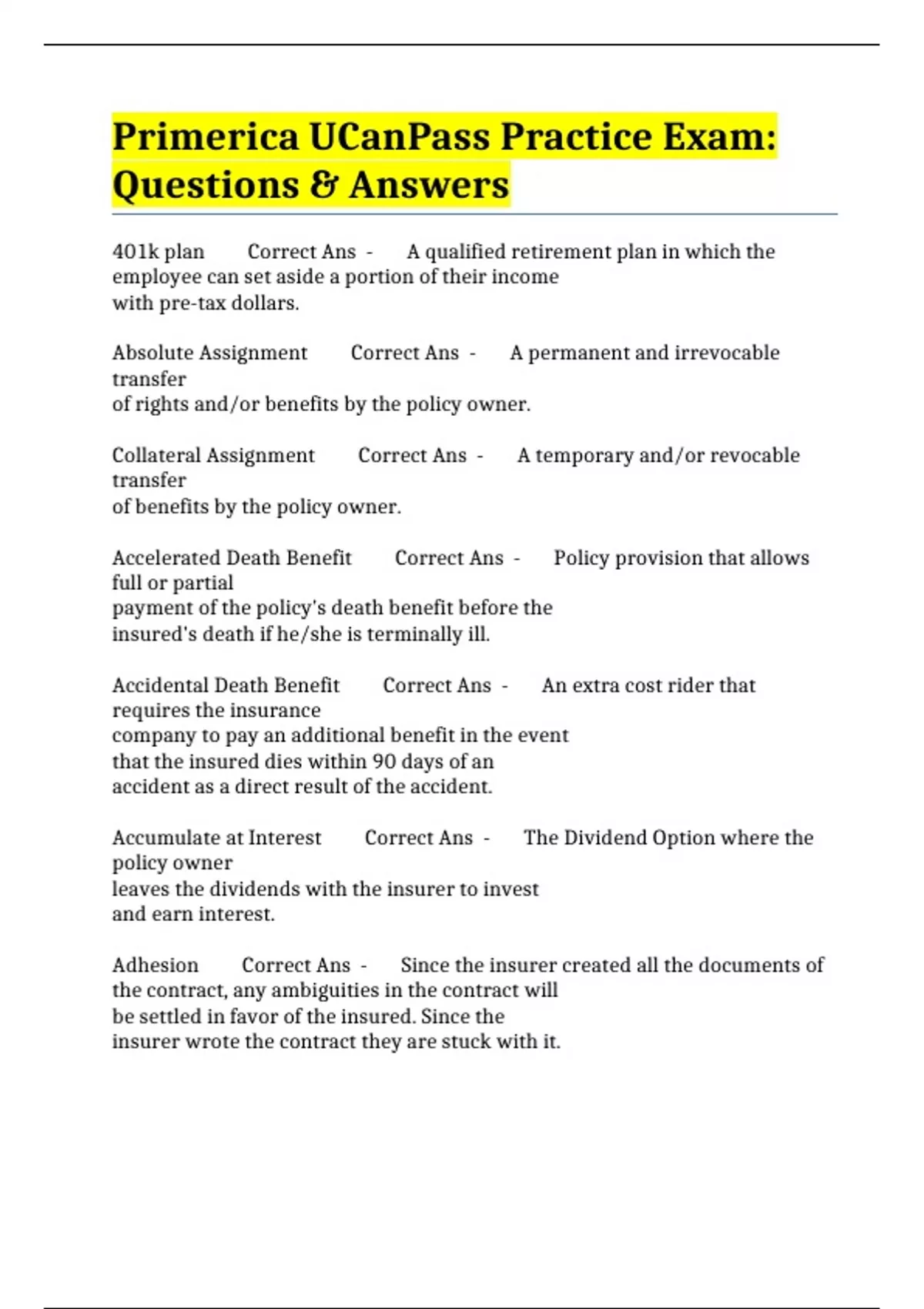 Primerica UCanPass Practice Exam Questions & Answers Primerica