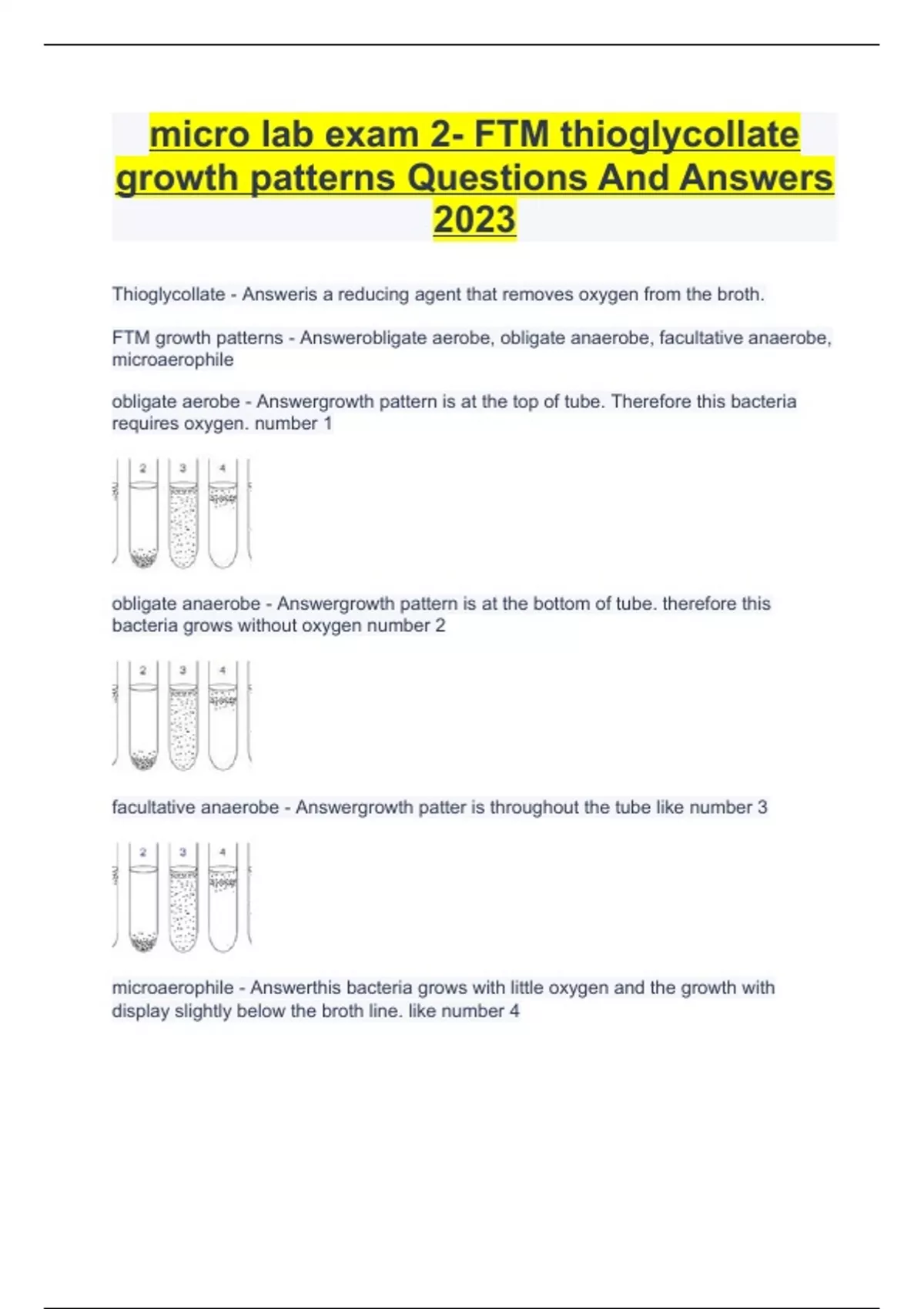 micro lab exam 2- FTM thioglycollate growth patterns Questions And ...