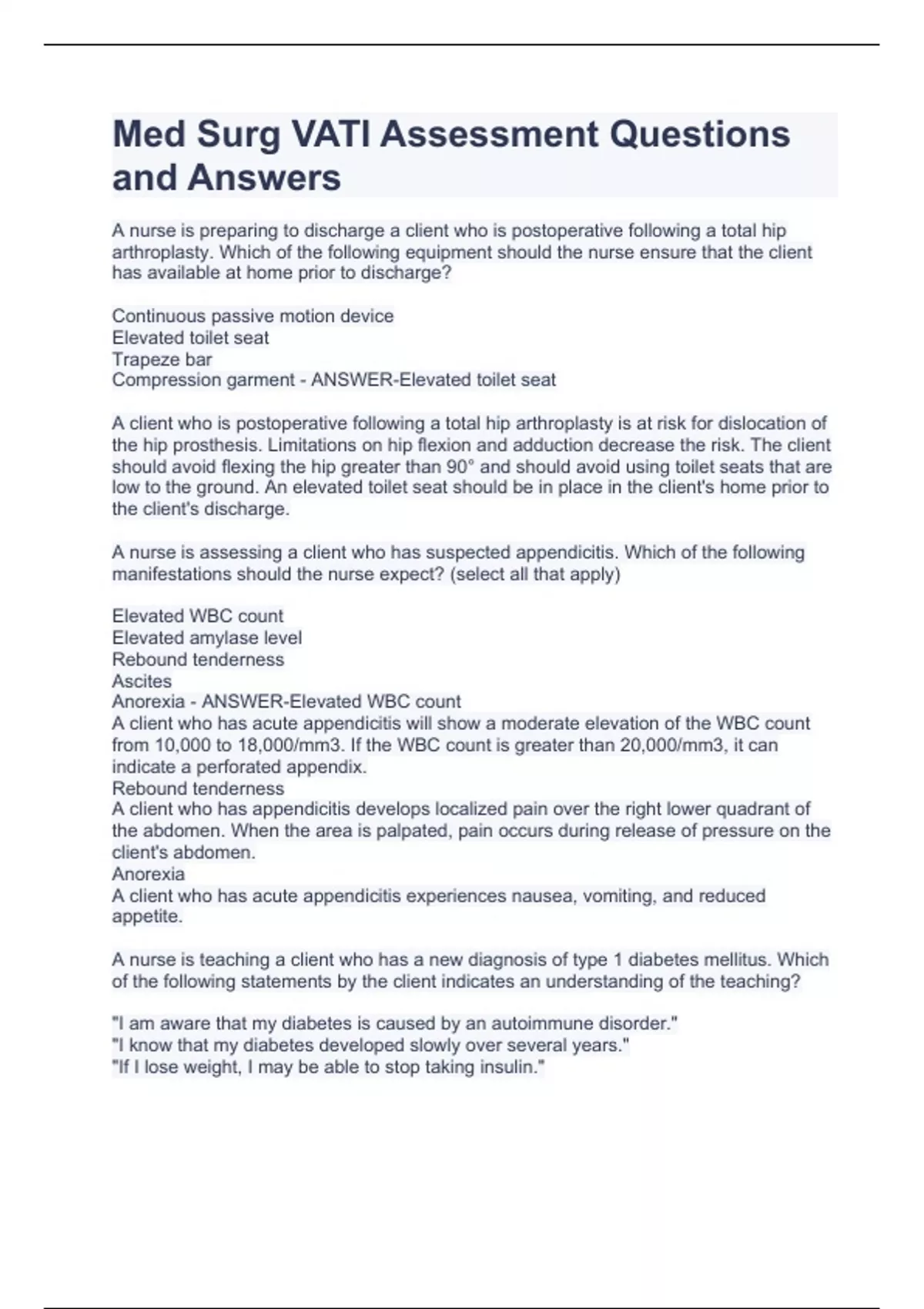 Med Surg VATI Assessment Questions and Answers Med Surg VATI Stuvia US