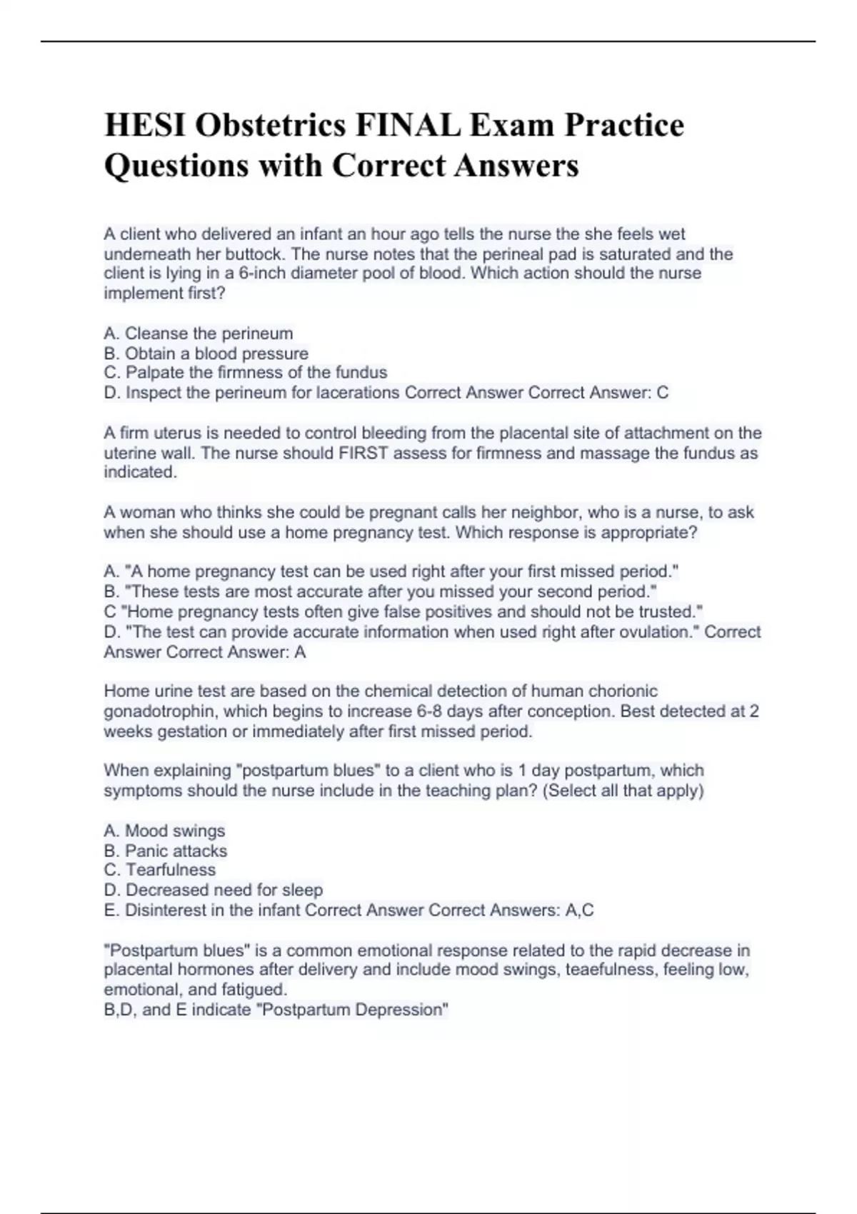 HESI Obstetrics FINAL Exam Practice Questions with Correct Answers ...