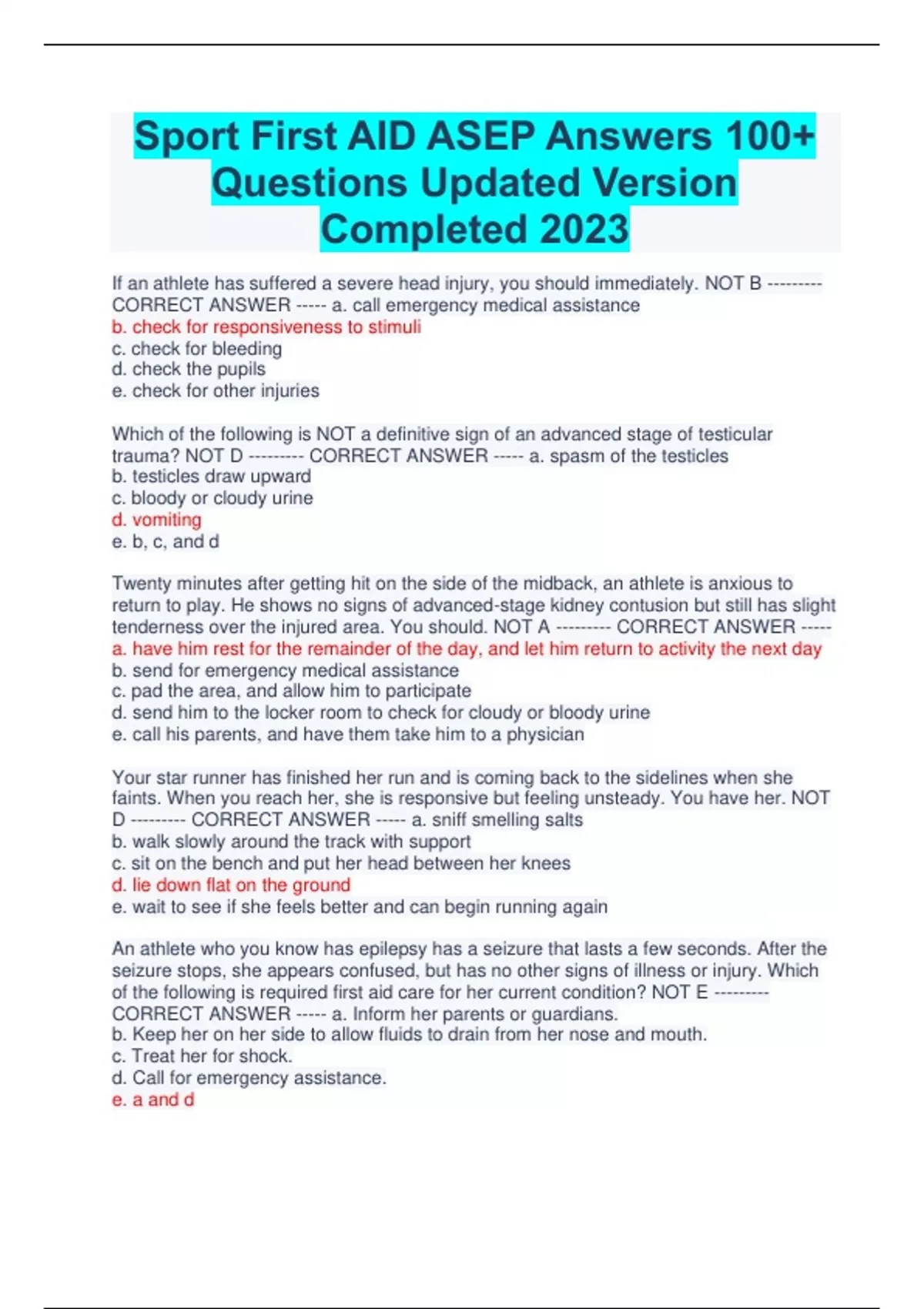 Sport First AID ASEP Answers 100+ Questions Updated Version Completed