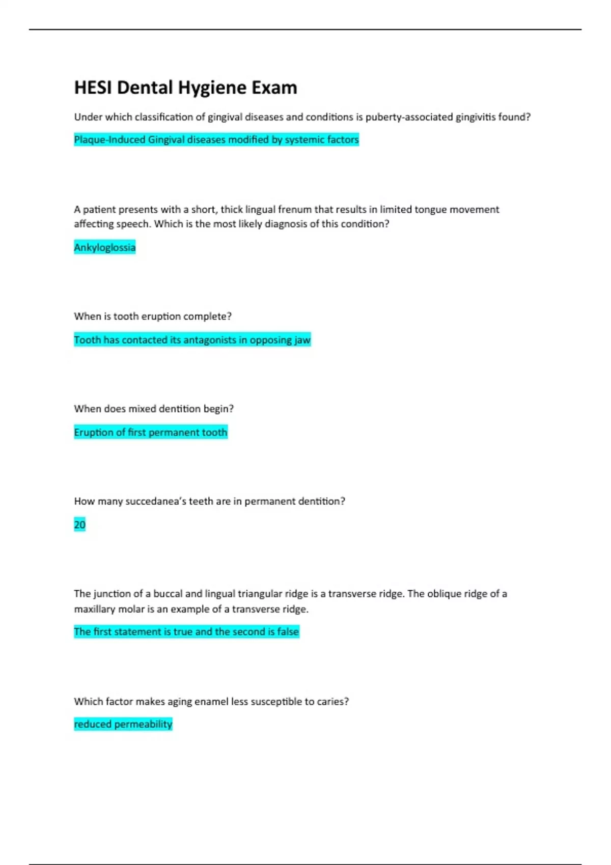 HESI Dental Hygiene Exam 2023 Questions with Verified Answers HESI