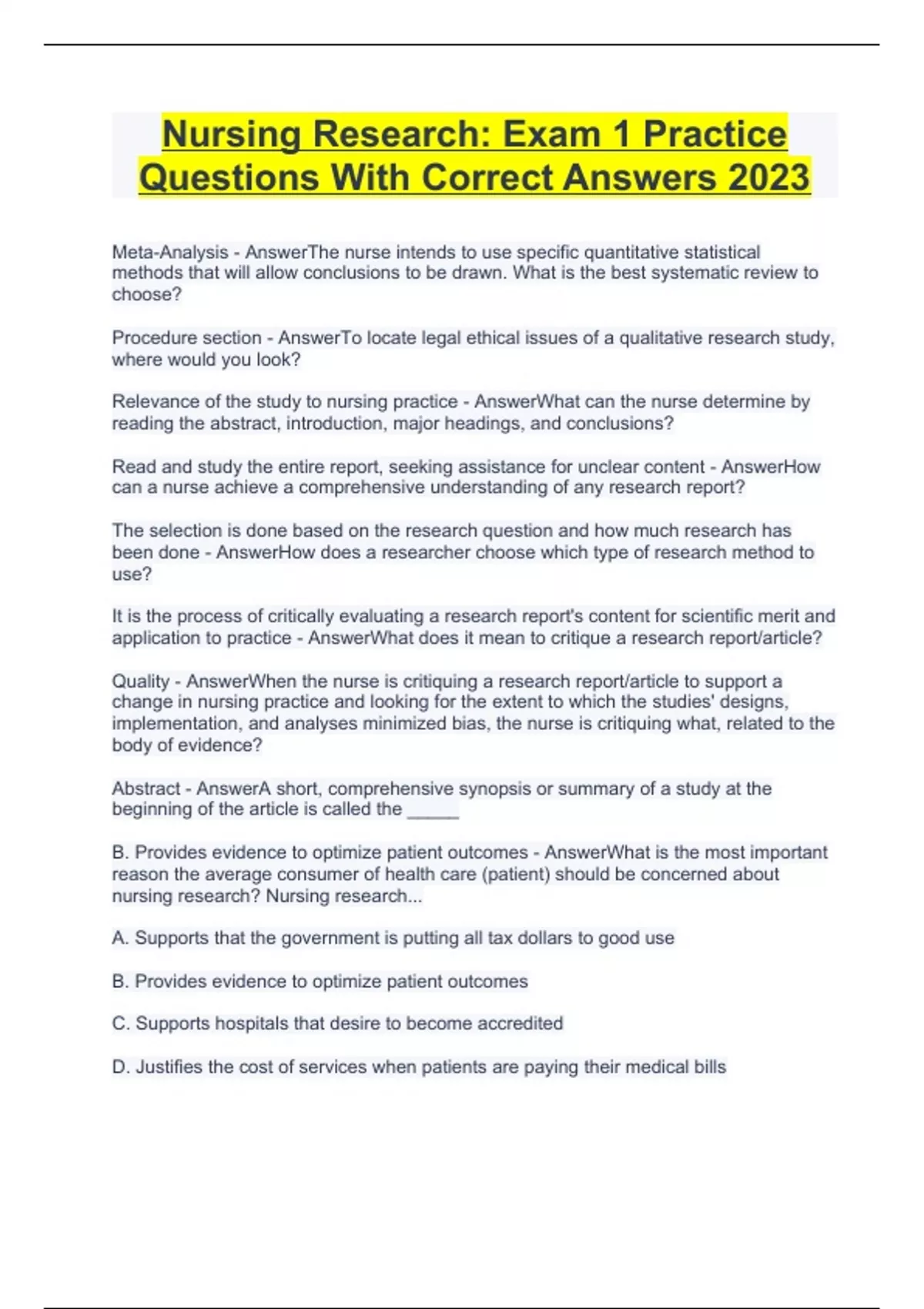 Nursing Research: Exam 1 Practice Questions With Correct Answers 2023 ...