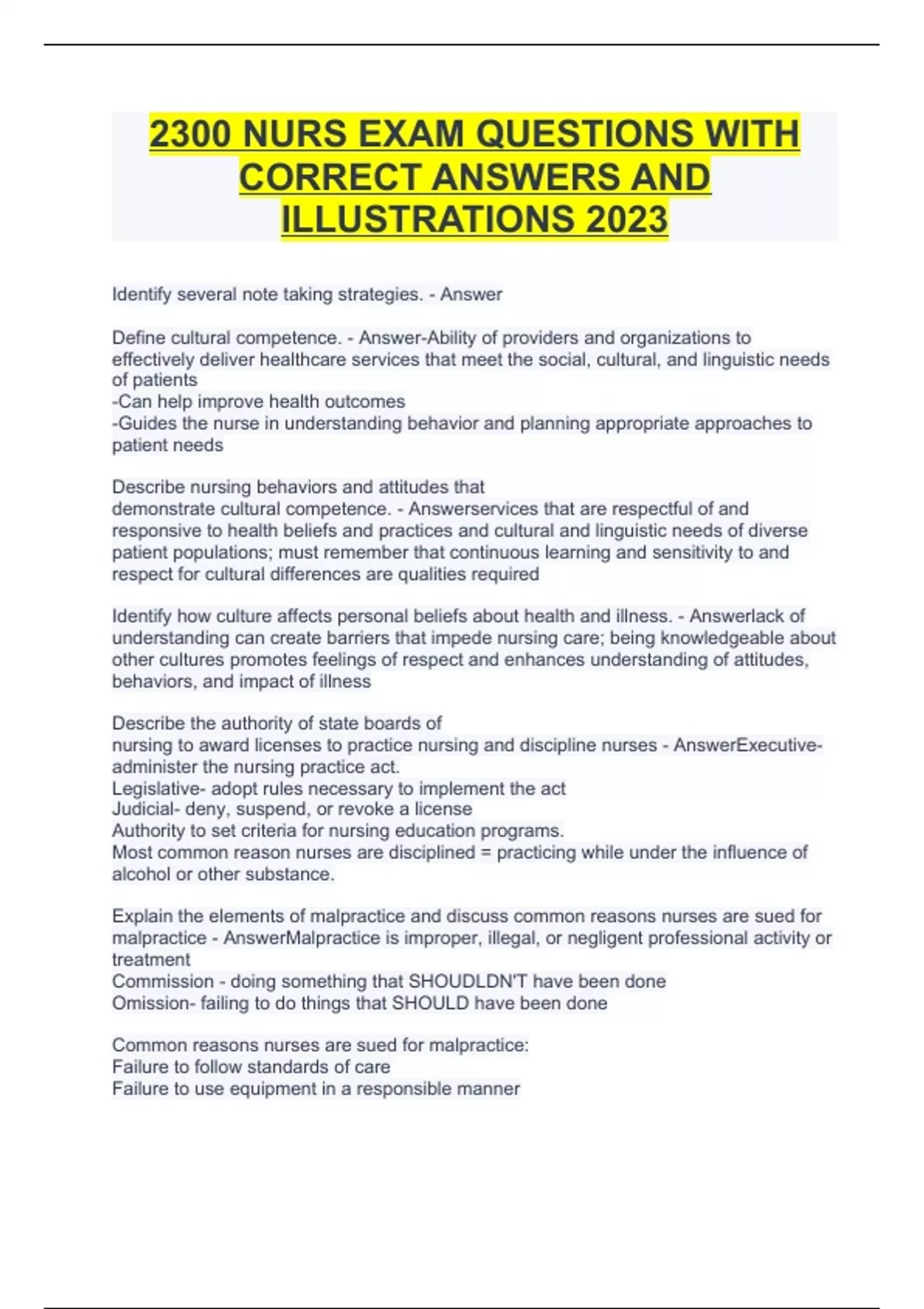 2300 NURS EXAM QUESTIONS WITH CORRECT ANSWERS AND ILLUSTRATIONS 2023 ...