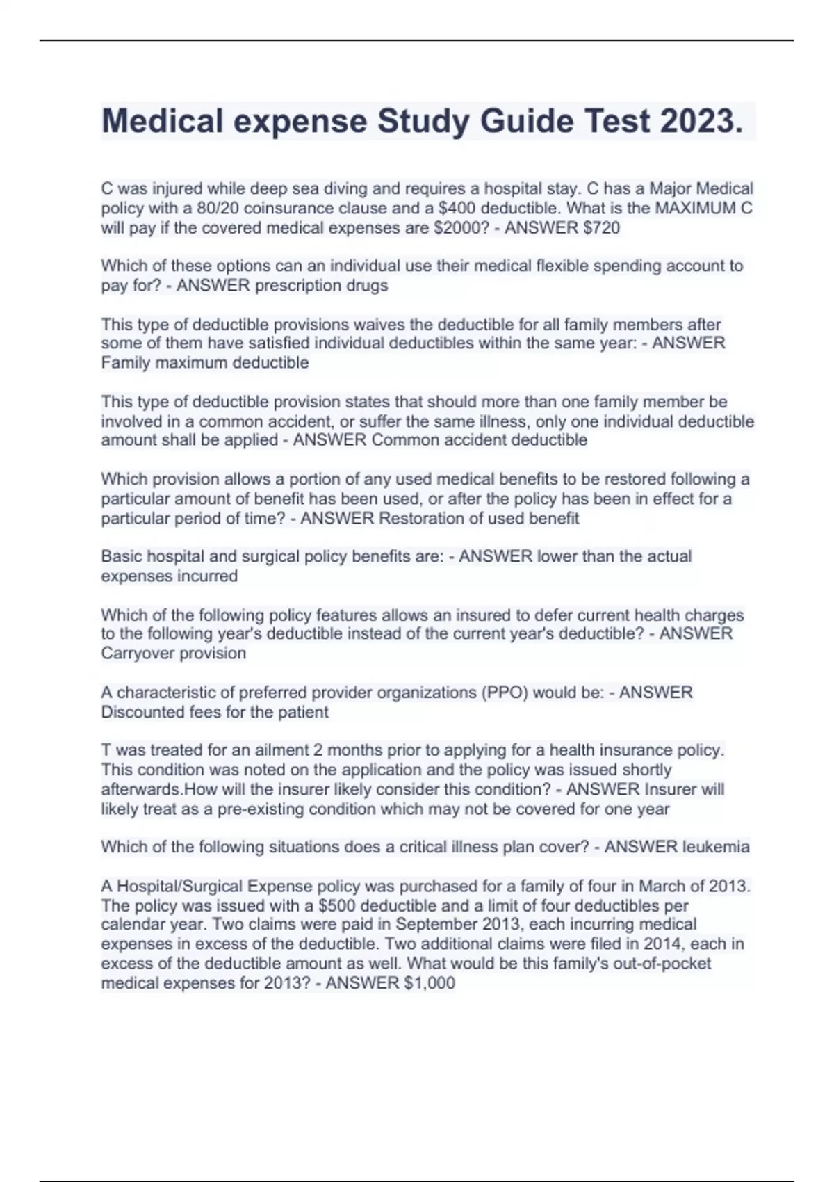 Medical expense Study Guide Test 2023. - MED - Stuvia US
