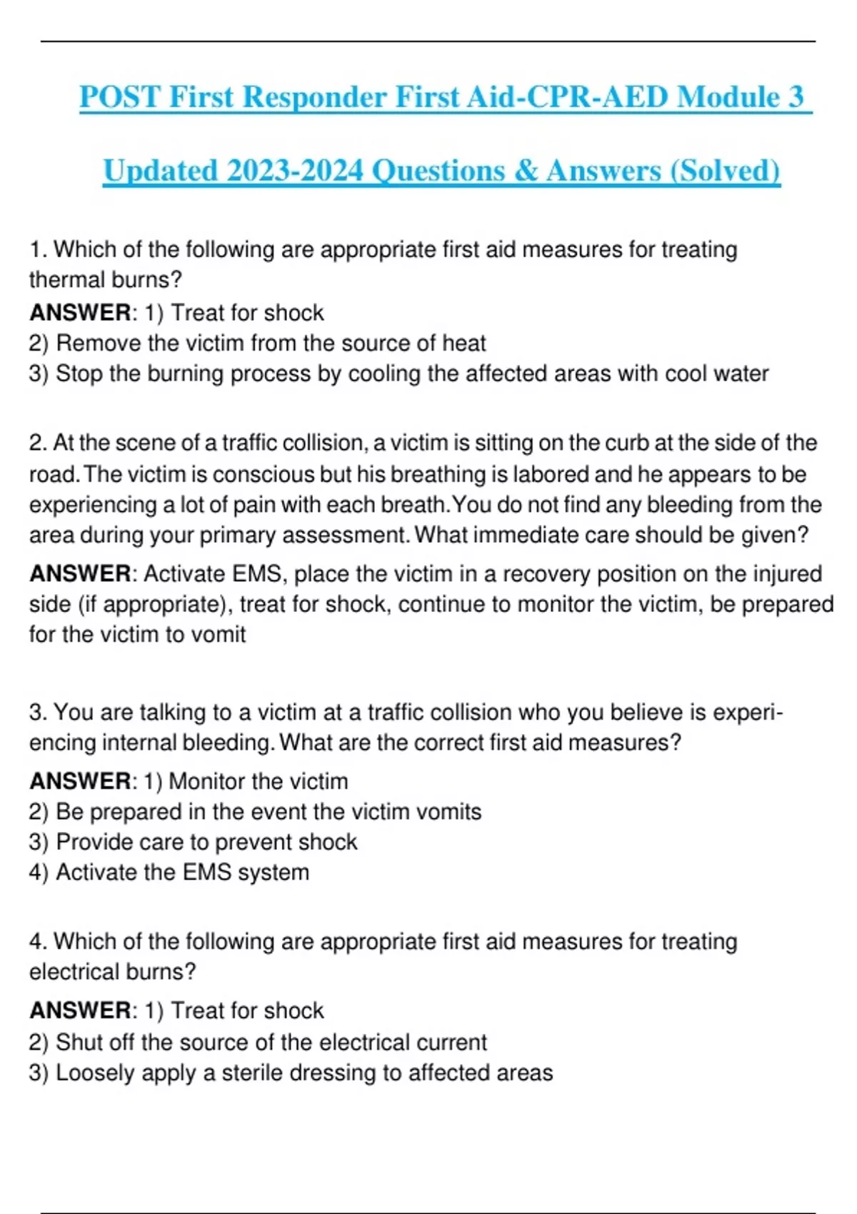 POST First Responder First AidCPRAED Module 3 Updated Questions