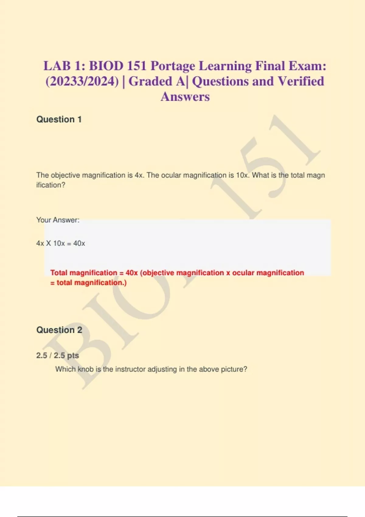 LAB 1: BIOD 151 Portage Learning Final Exam: (20233/2024) | Graded A ...