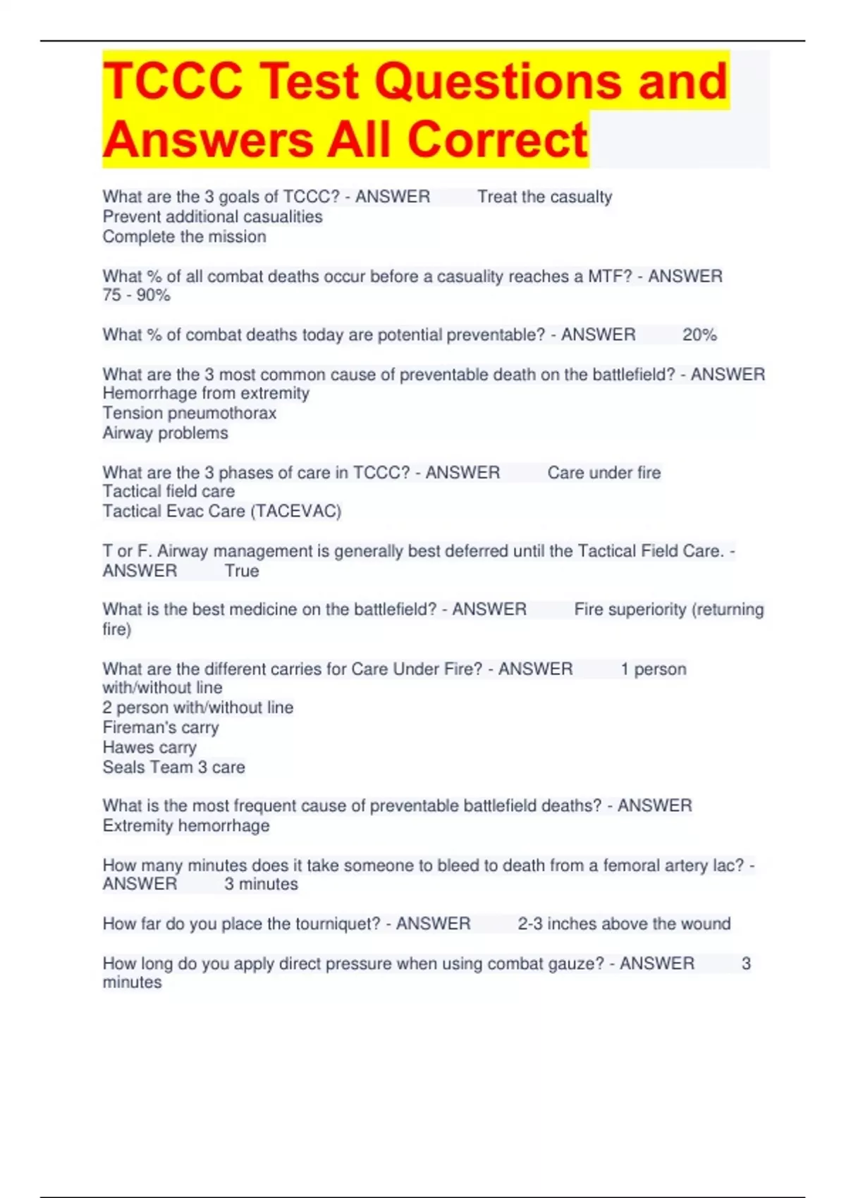 Test Tcc TCCC Test Questions and Answers All Correct - TCCC - Stuvia US