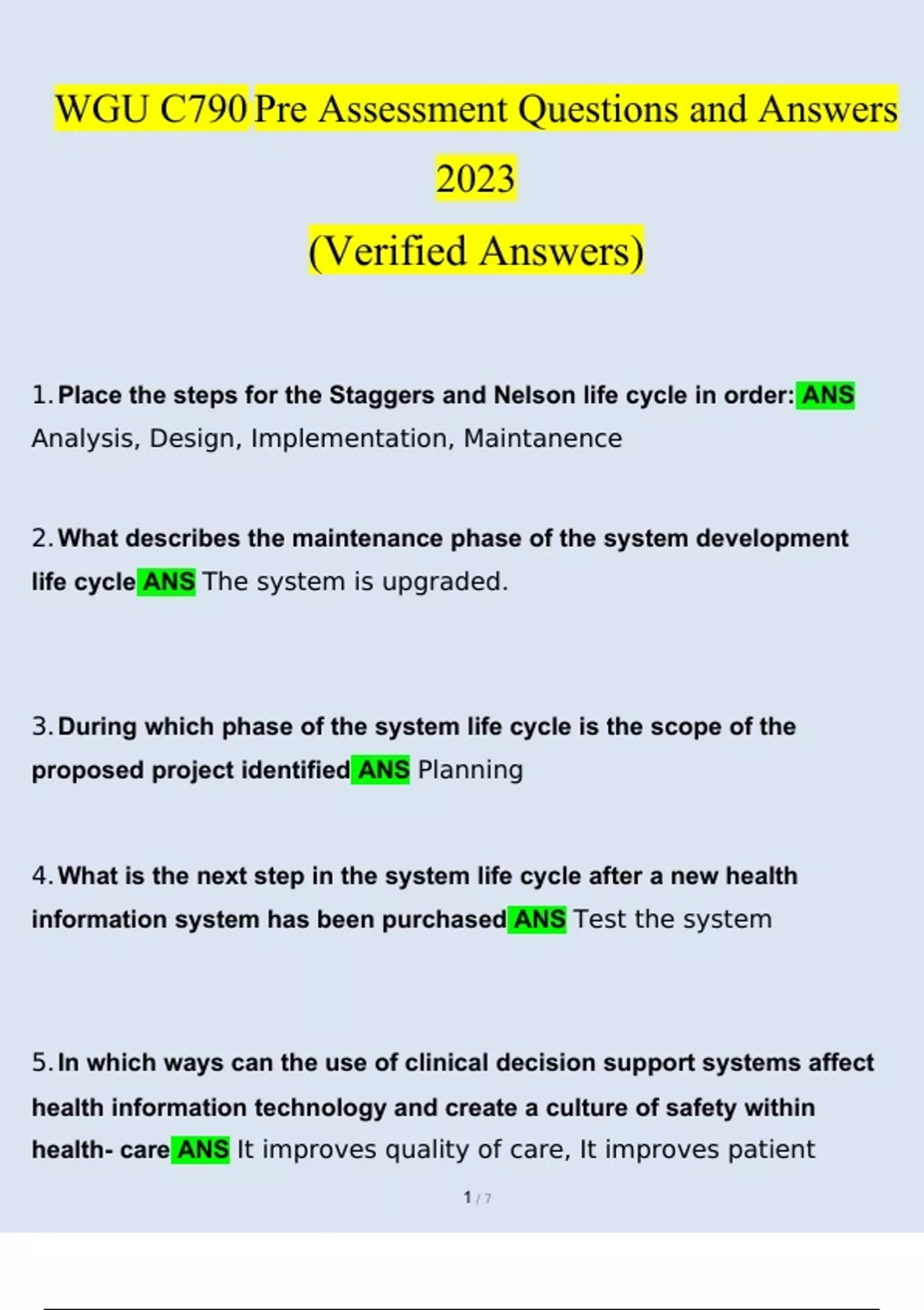 WGU C790 Nursing Informatics STUDY BUNDLE PACK SOLUTION (Questions and ...