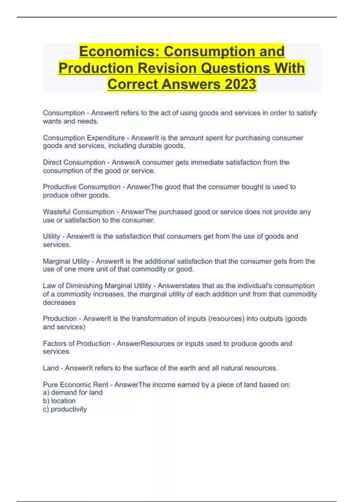 Economics: Consumption and Production Revision Questions With Correct ...