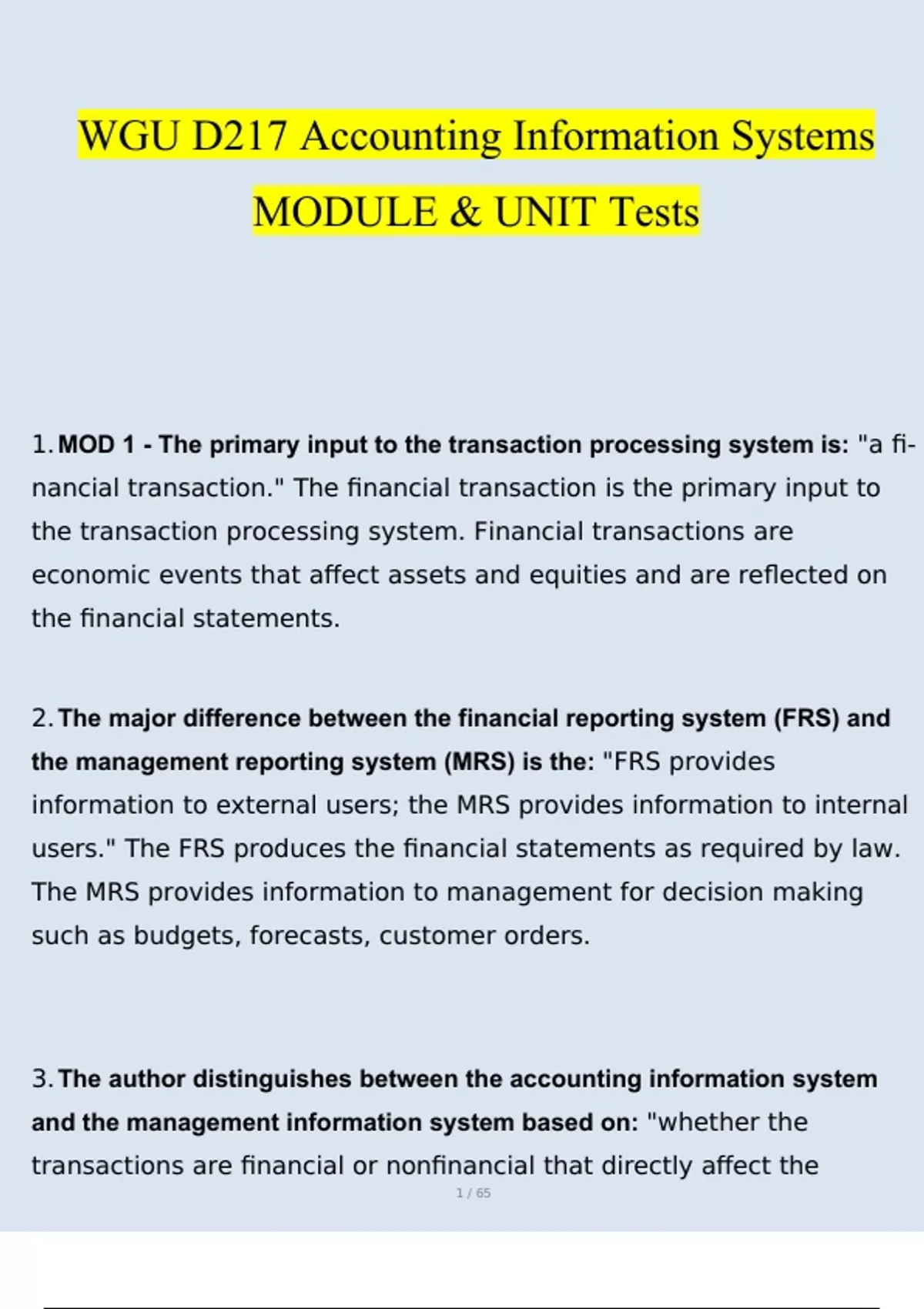 WGU D217 Accounting Information Systems MODULE'S & UNIT Tests Questions