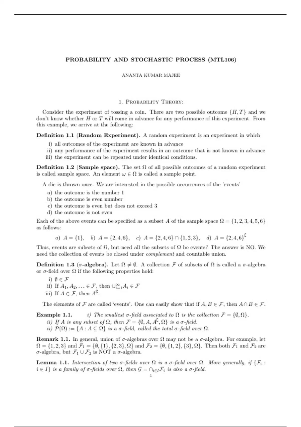 Probability and Stochastic Processes - MTL106 - Stuvia US