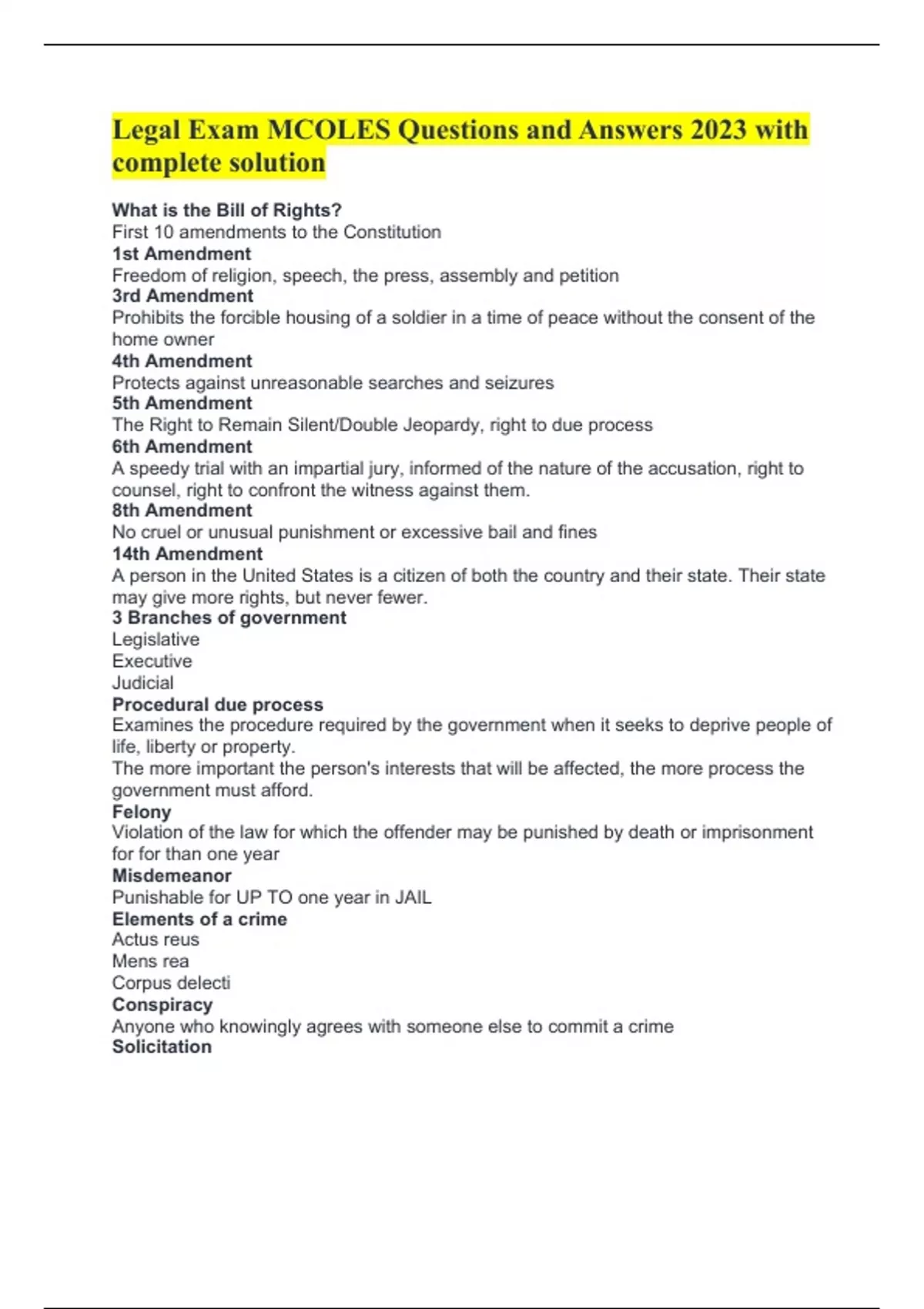 Legal Exam MCOLES Questions and Answers 2023 with complete solution