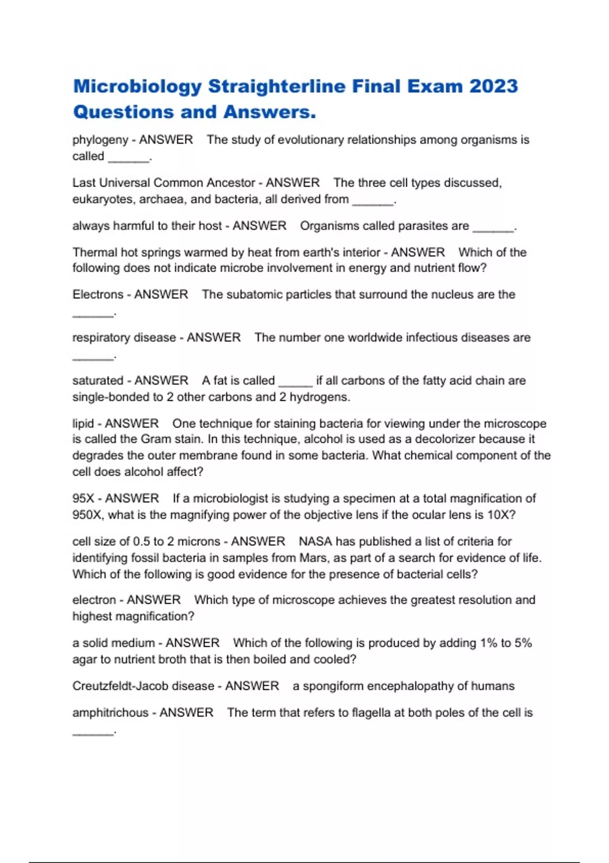 Microbiology Straighterline Final Exam 2023 Questions and Answers ...