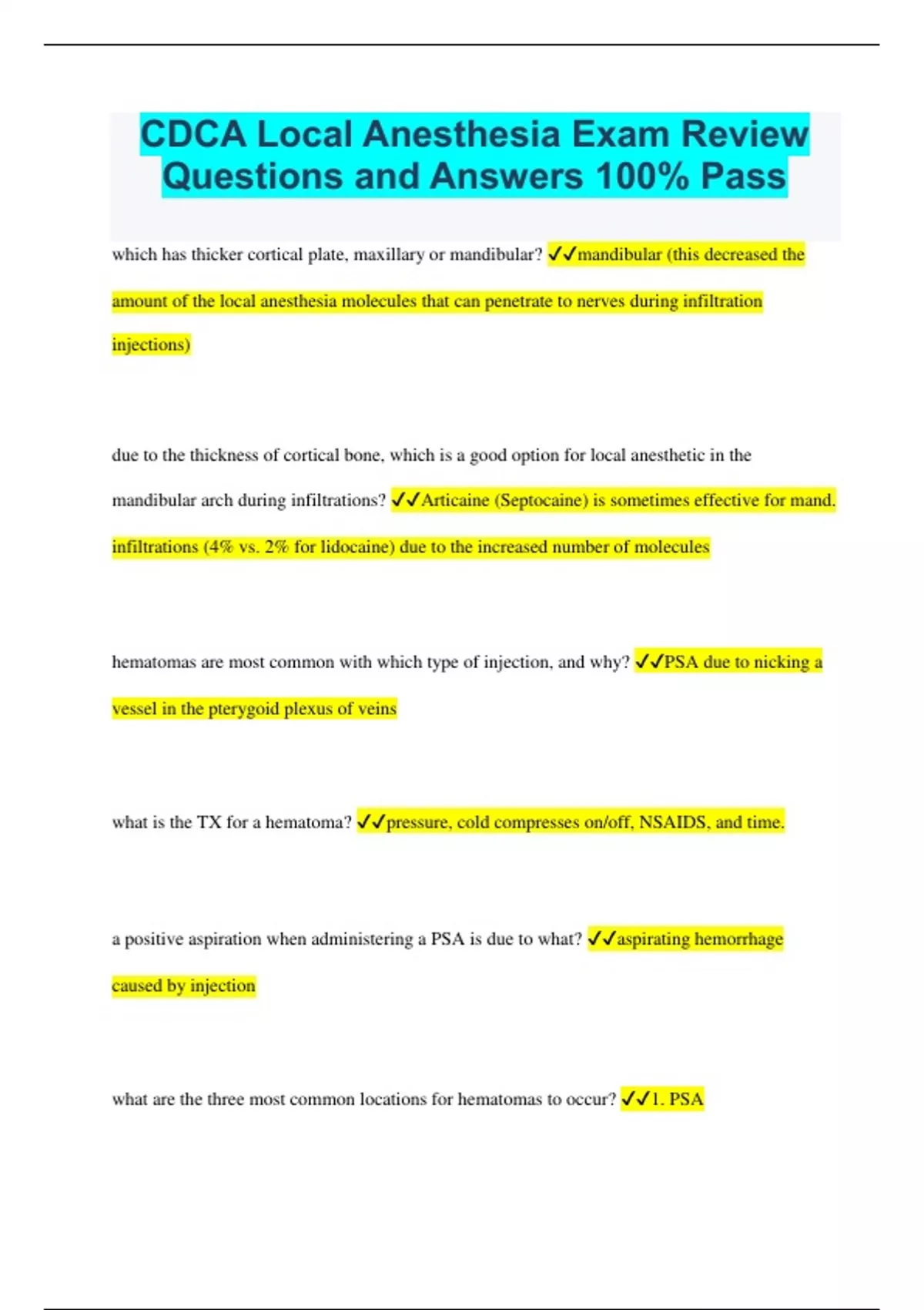 CDCA Local Anesthesia Exam Review Questions and Answers 100 Pass