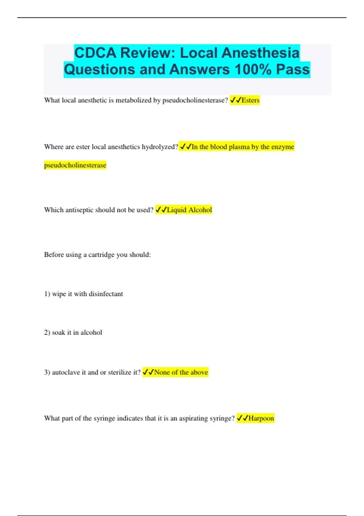 CDCA Review Local Anesthesia Questions and Answers 100 Pass CDCA