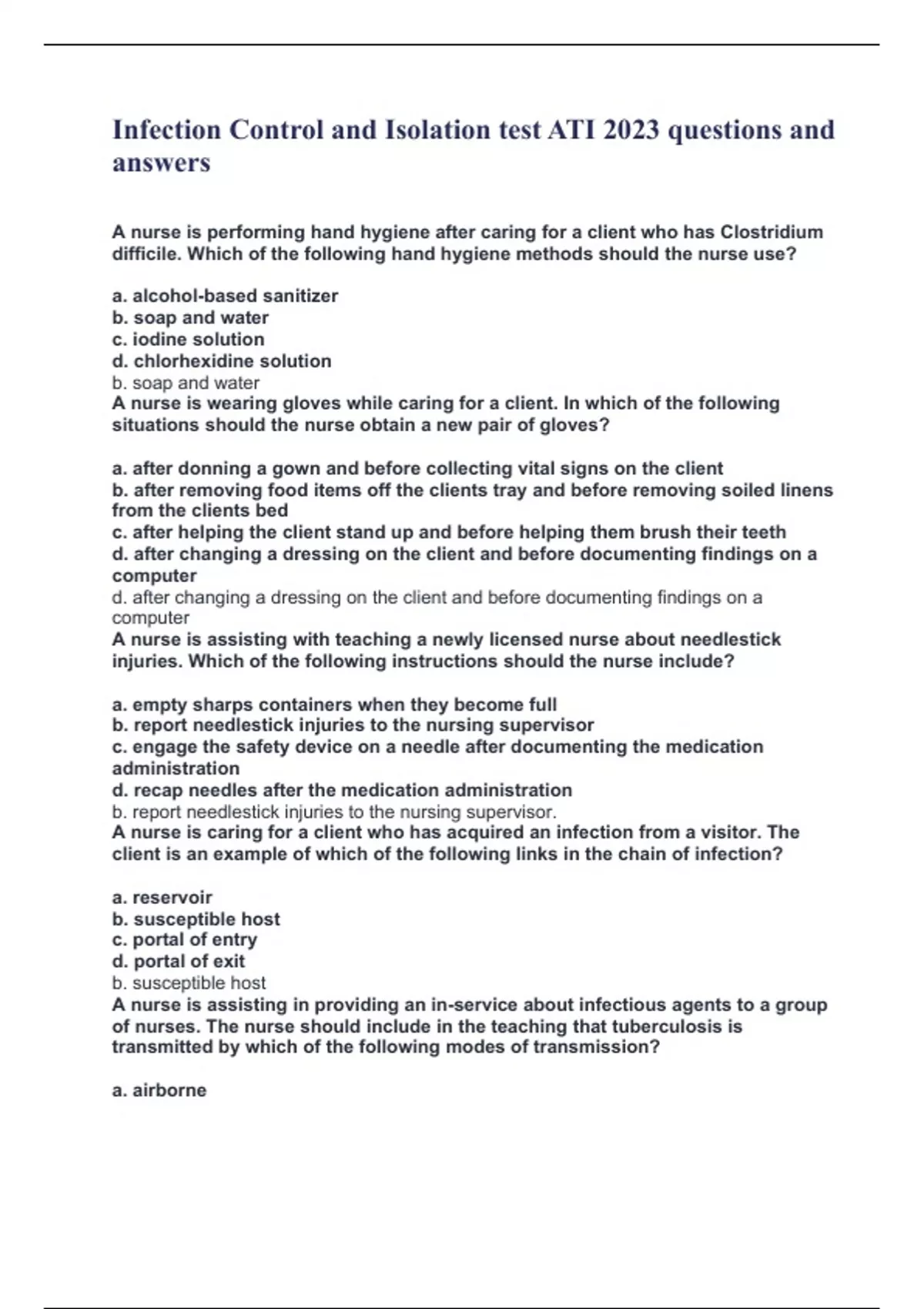 Infection Control and Isolation test ATI 2023 questions and answers