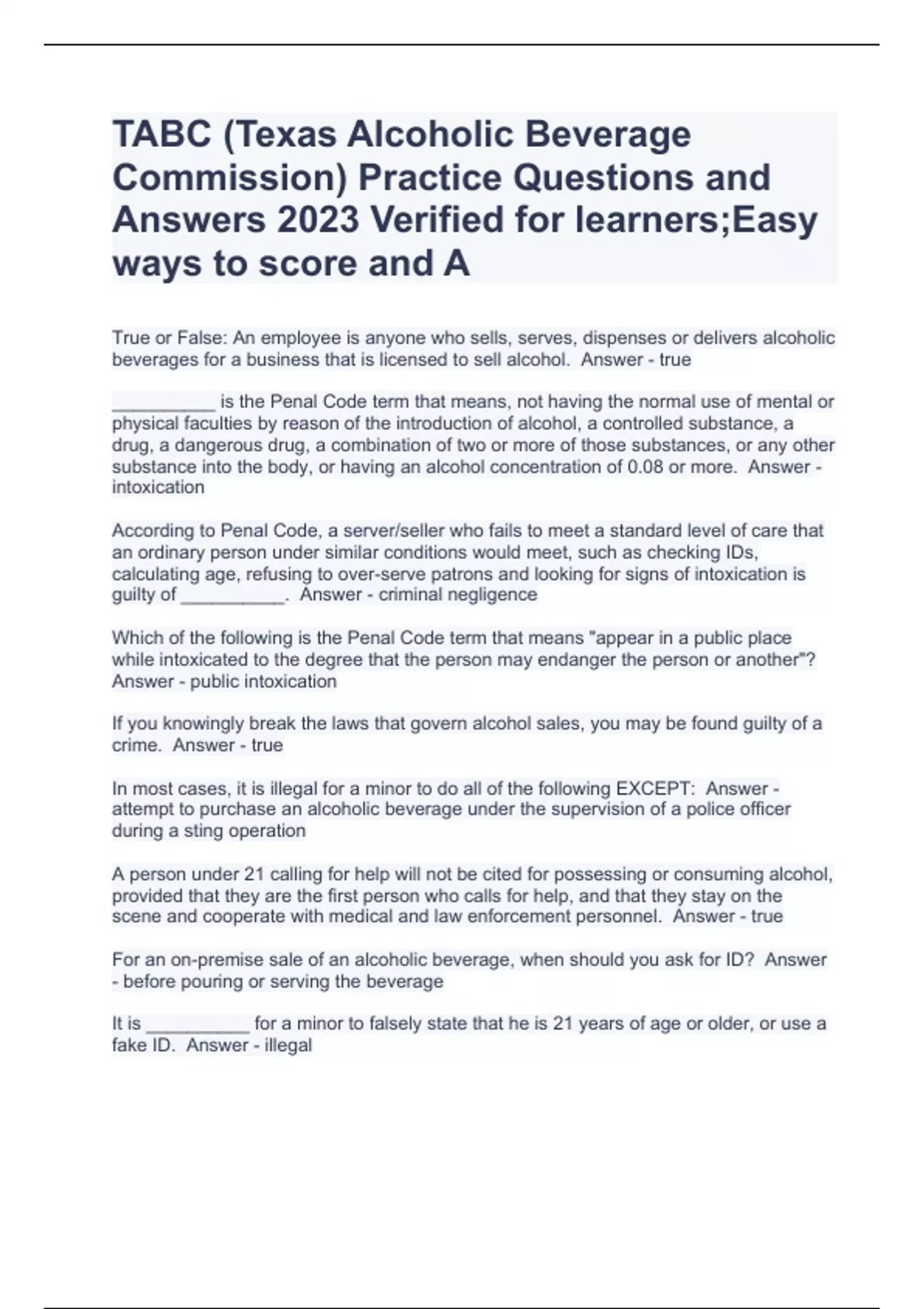 TABC (Texas Alcoholic Beverage Commission) Practice Questions and