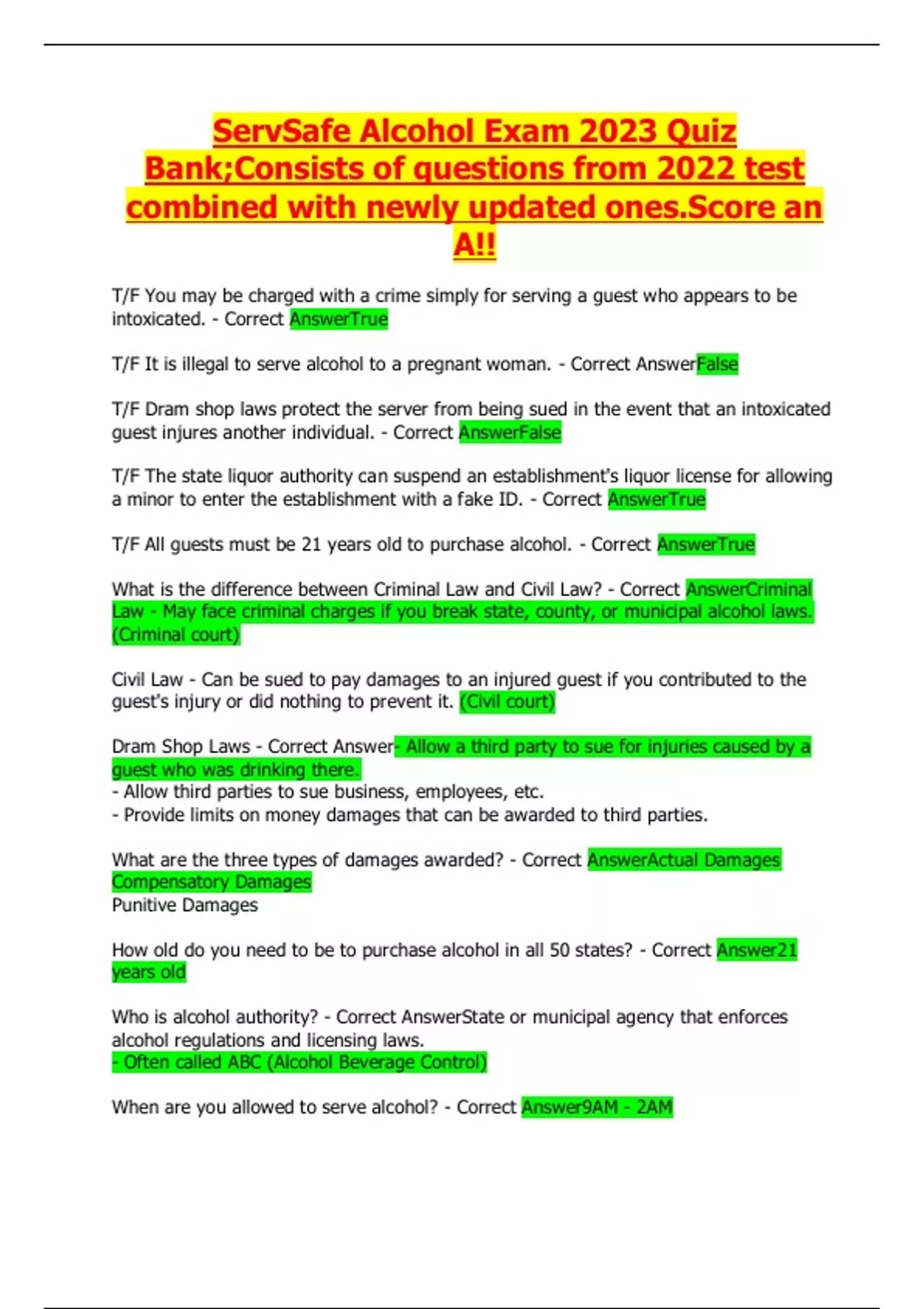 ServSafe Alcohol Exam 2023 Quiz Bank;Consists of questions from 2022