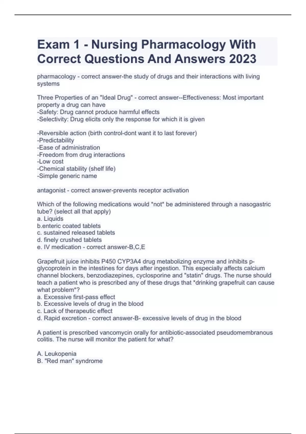 Exam 1 - Nursing Pharmacology With Correct Questions And Answers 2023 ...