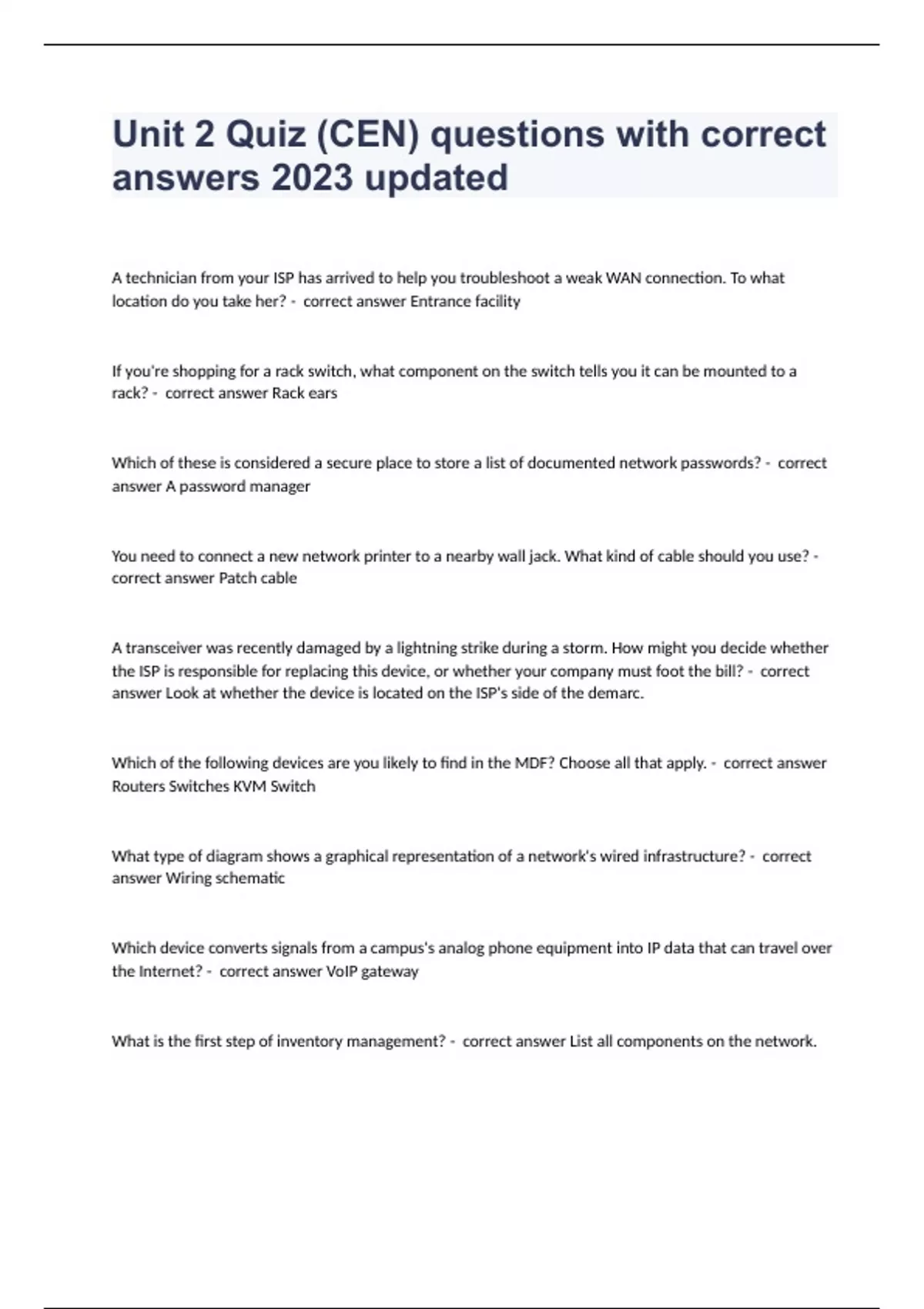 Unit 2 Quiz (CEN) questions with correct answers 2023 updated - Cen ...