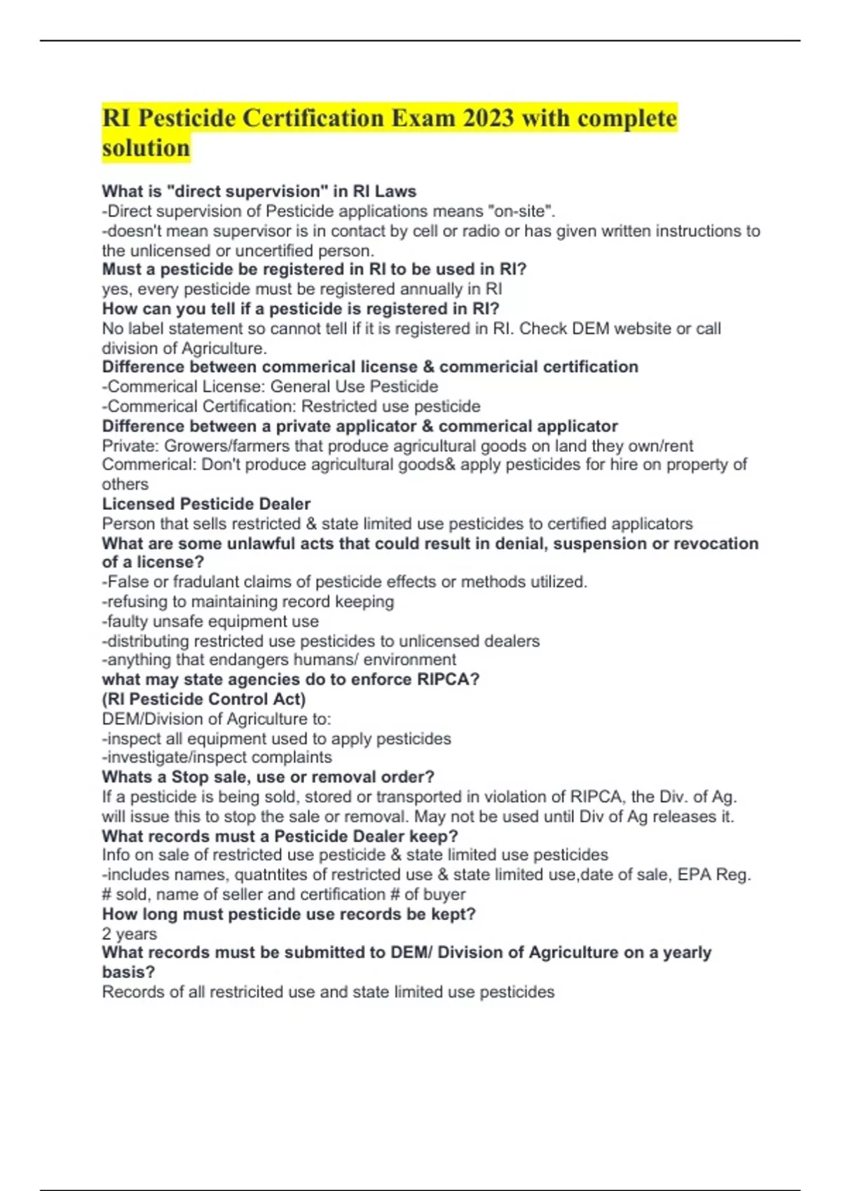 RI Pesticide Certification Exam 2023 with complete solution Rhode