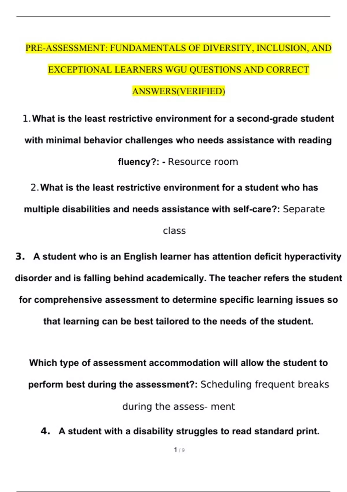 Class Inclusion Test WGU PRE-ASSESSMENT: FUNDAMENTALS OF DIVERSITY, INCLUSION, AND ...