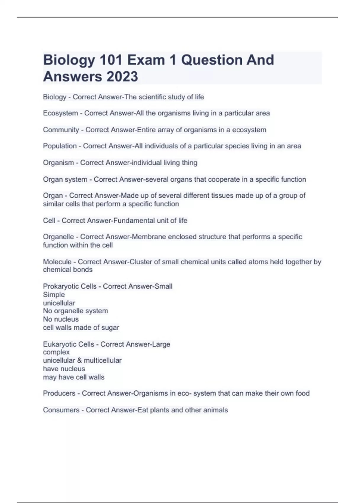 Biology 101 Exam 1 Question And Answers 2023 - Biology 101 - Stuvia US