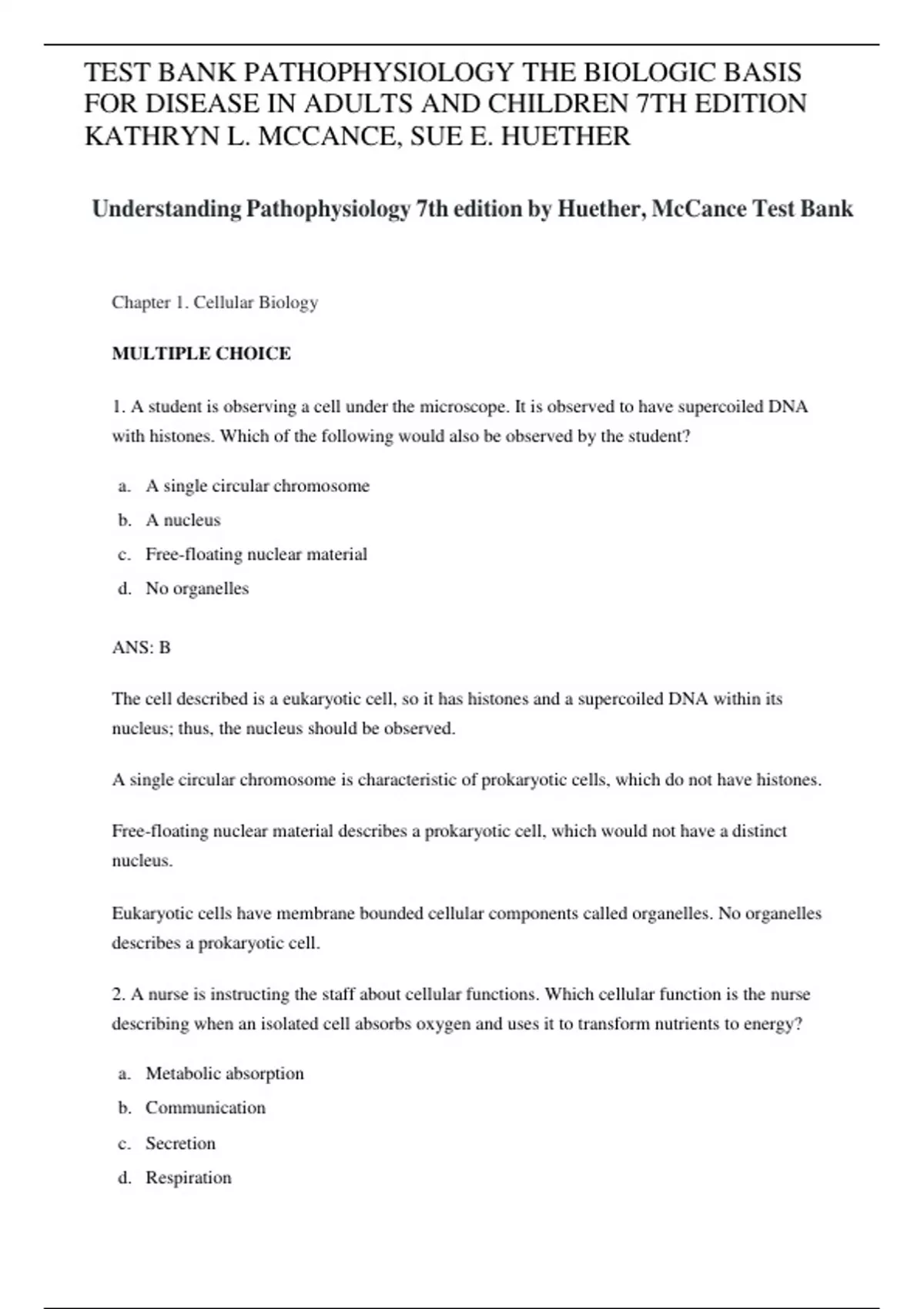 TEST BANK PATHOPHYSIOLOGY THE BIOLOGIC BASIS FOR DISEASE IN ADULTS AND ...