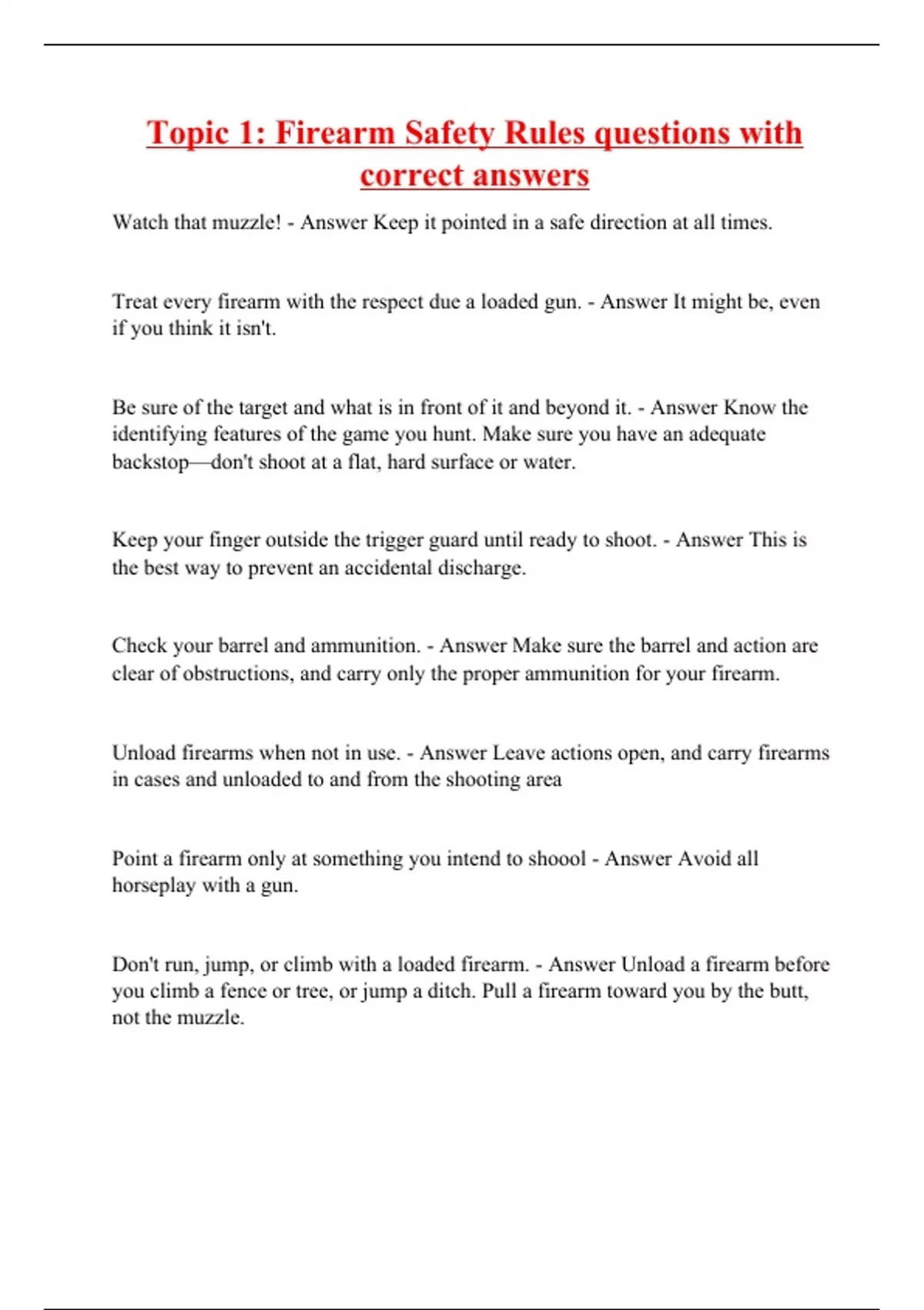 Topic 1 Firearm Safety Rules questions with correct answers Firearm