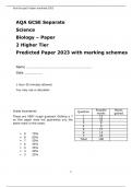 AQA GCSE Separate Science  Biology – Paper 2 Higher Tier Predicted Paper 2023 with marking schemes