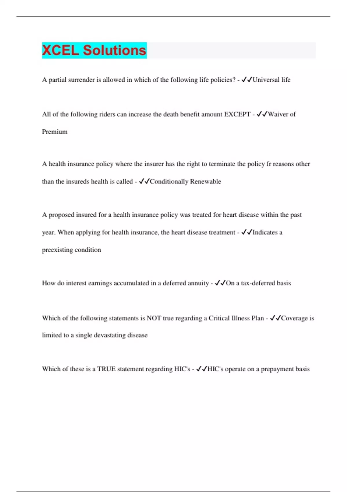 XCEL Solutions 130 Questions with 100 Correct Answers Verified