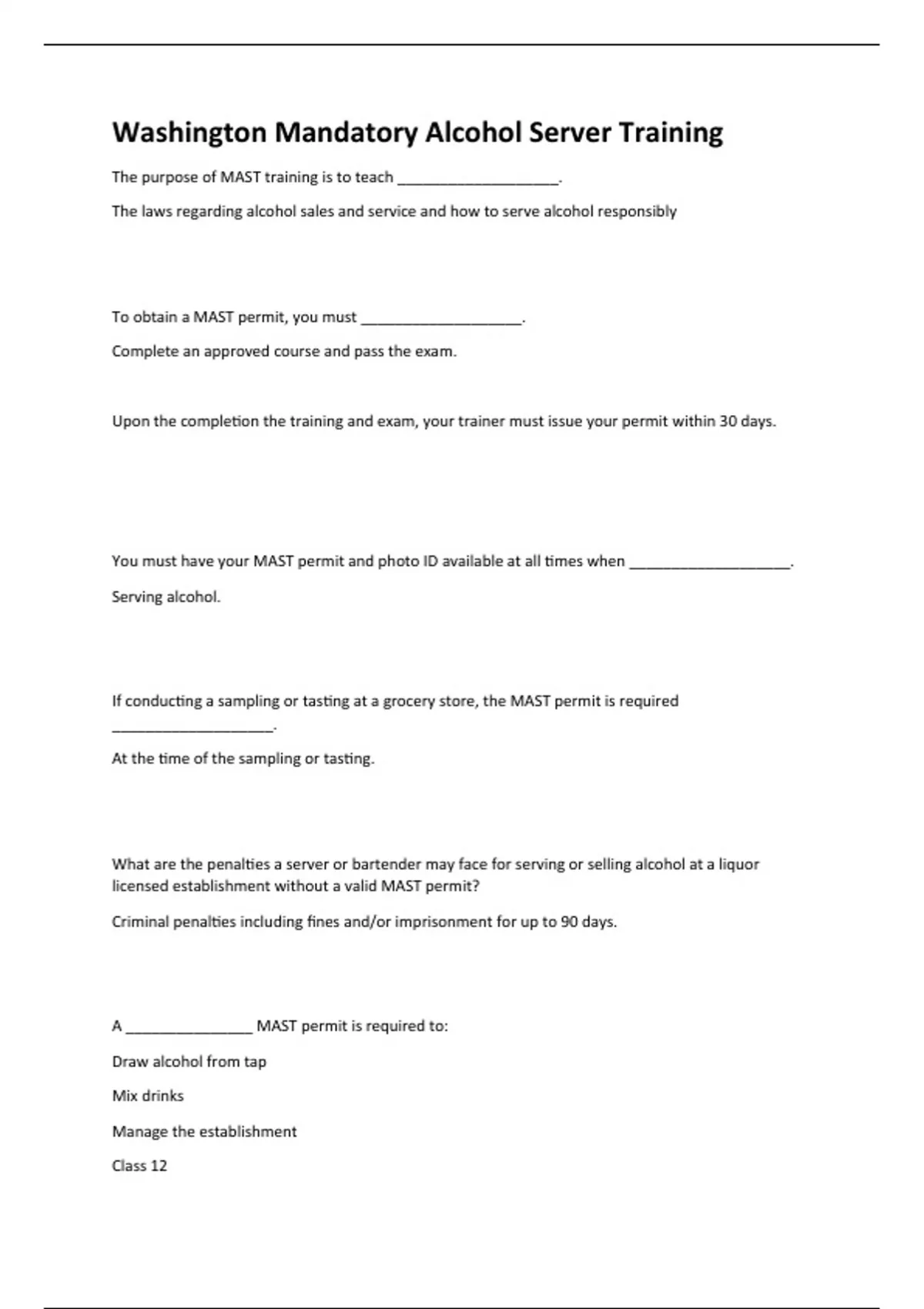 Washington Mandatory Alcohol Server Training Questions And Answers