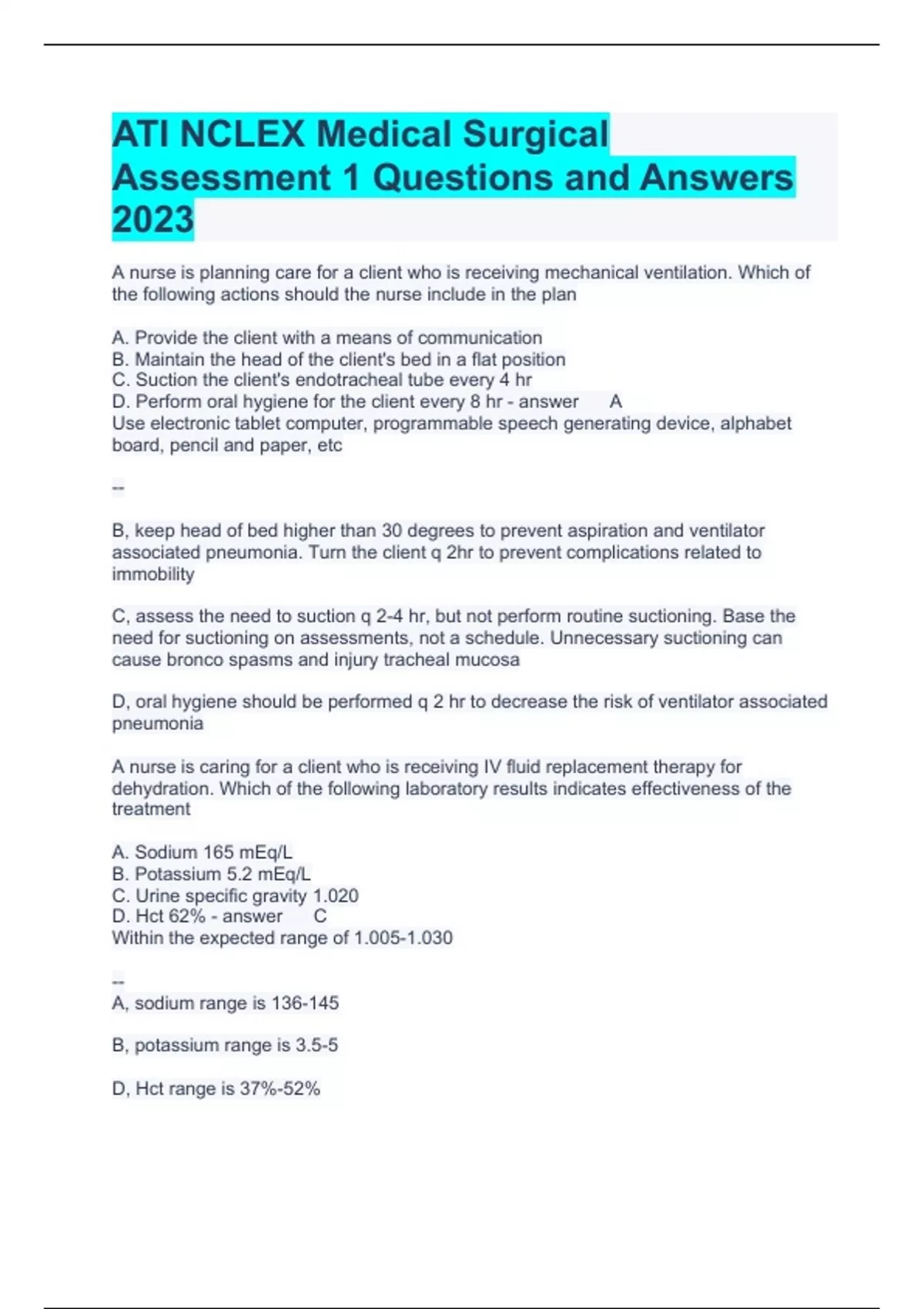ATI NCLEX Medical Surgical Assessment 1 Questions and Answers 2023