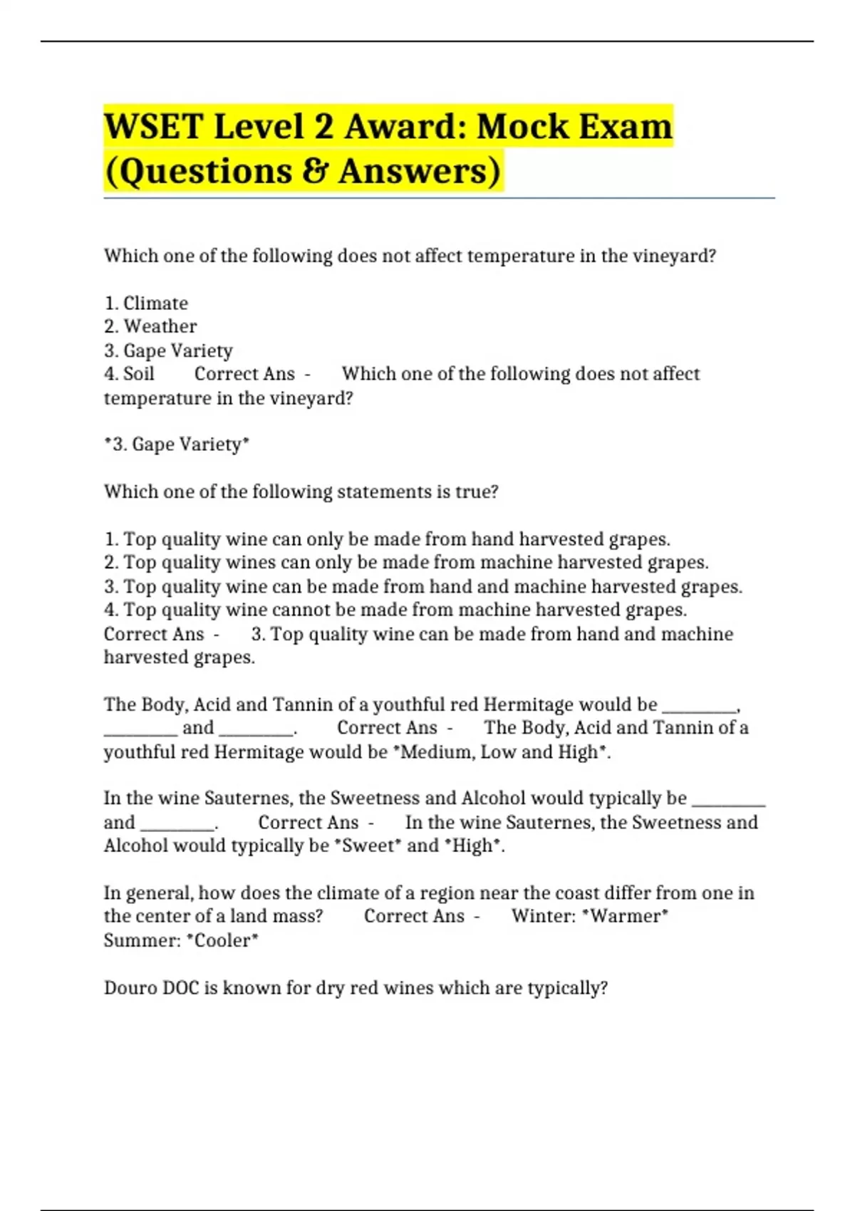 WSET Level 2 Award Mock Exam (Questions & Answers) WSET Level 2