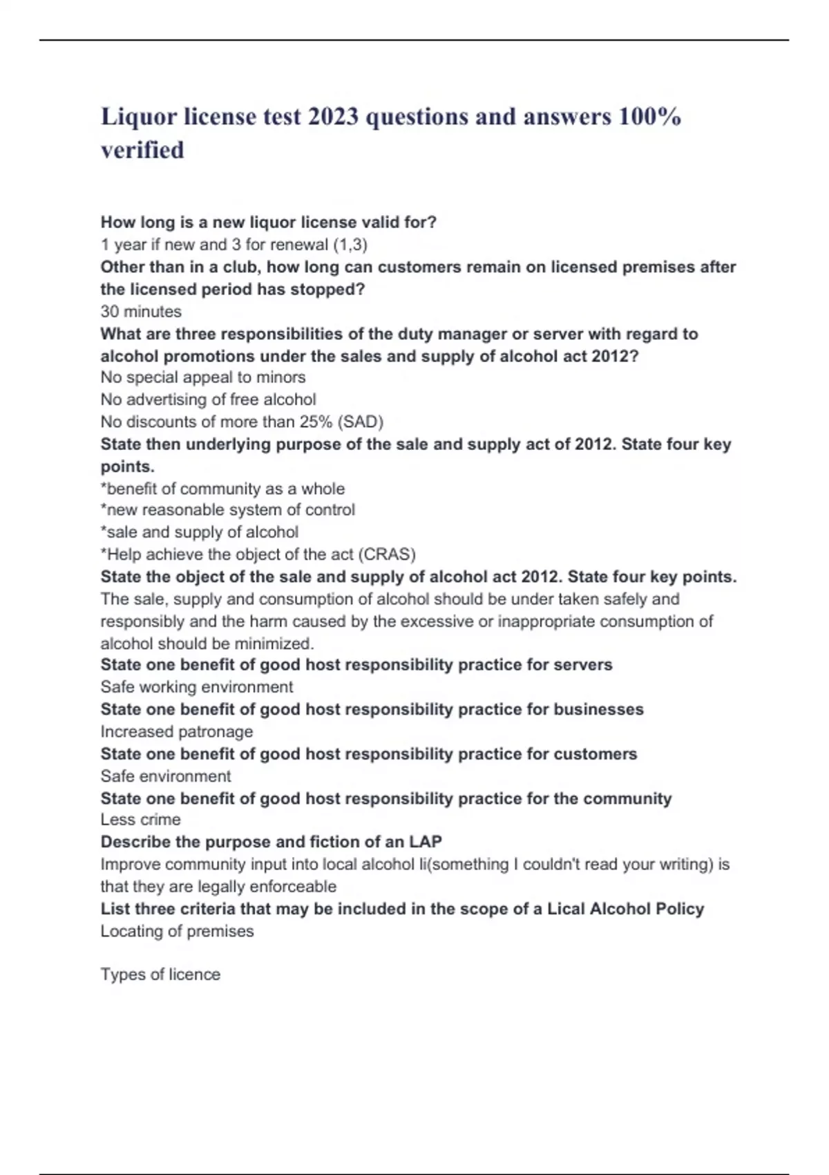 Liquor license test 2023 questions and answers 100 verified Liquor