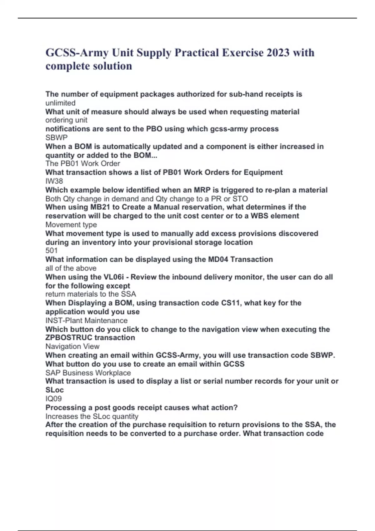 GCSS-Army Unit Supply Practical Exercise 2023 with complete solution ...