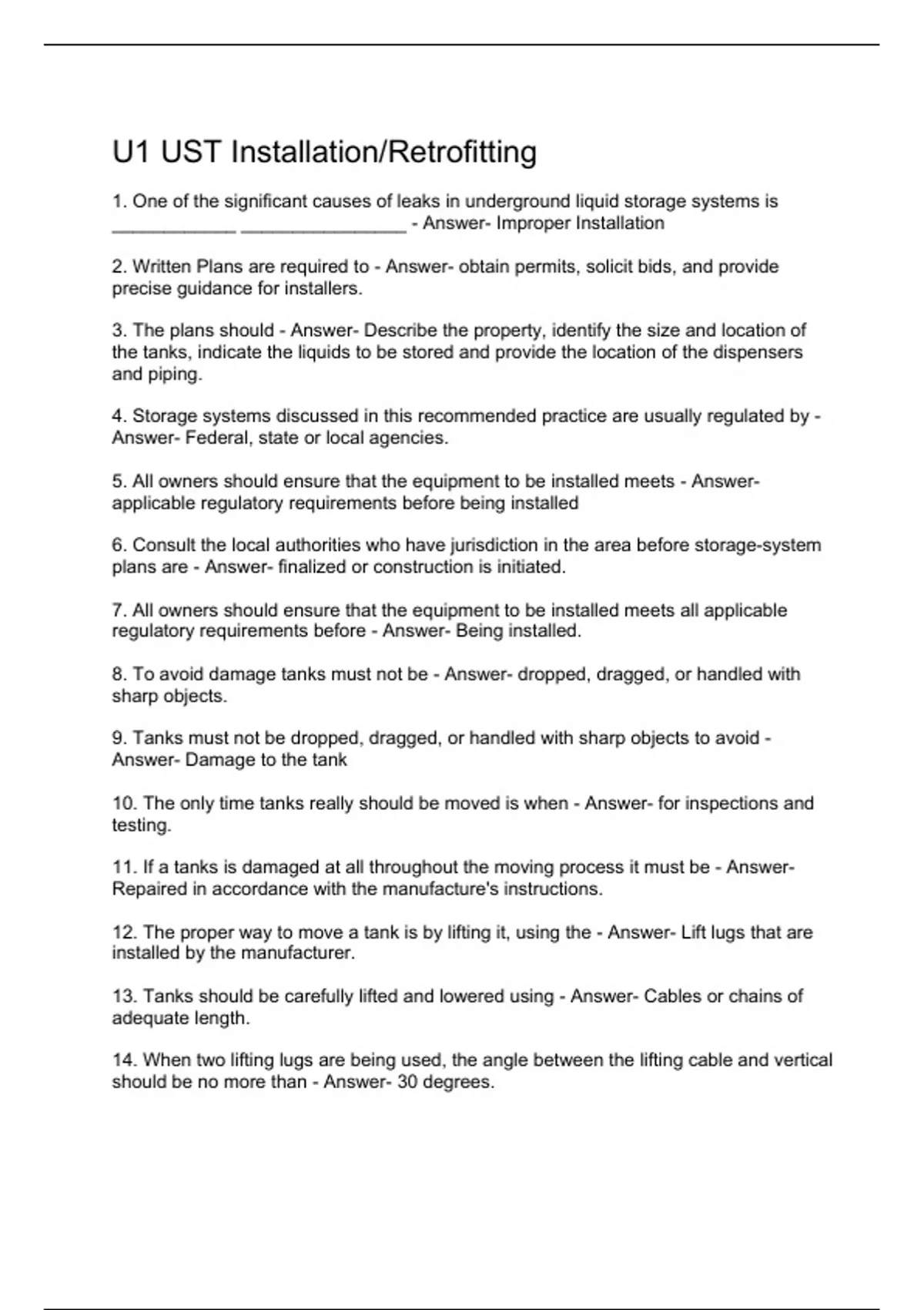 U1 UST Installation/Retrofitting Questions And Answers - UST - Stuvia US