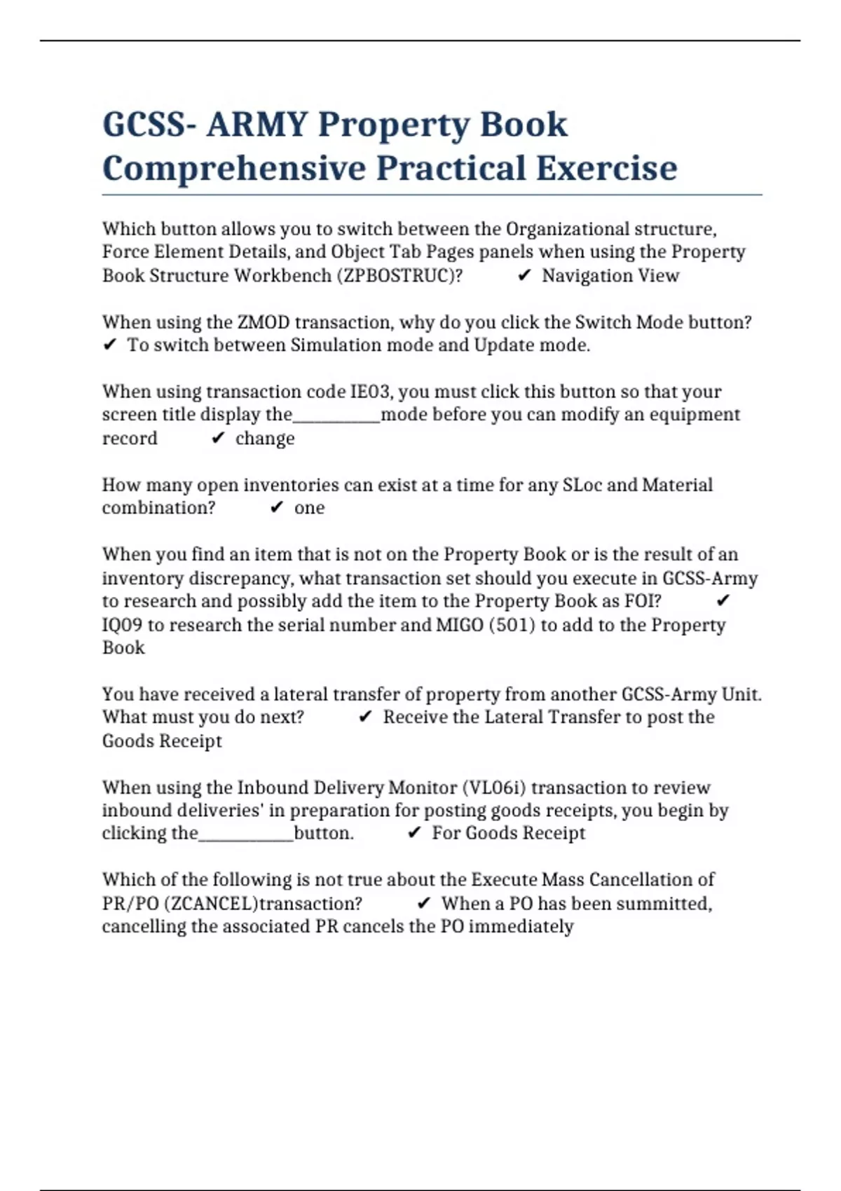 GCSS ARMY Property Book Comprehensive Practical Exercise GCSS ARMY