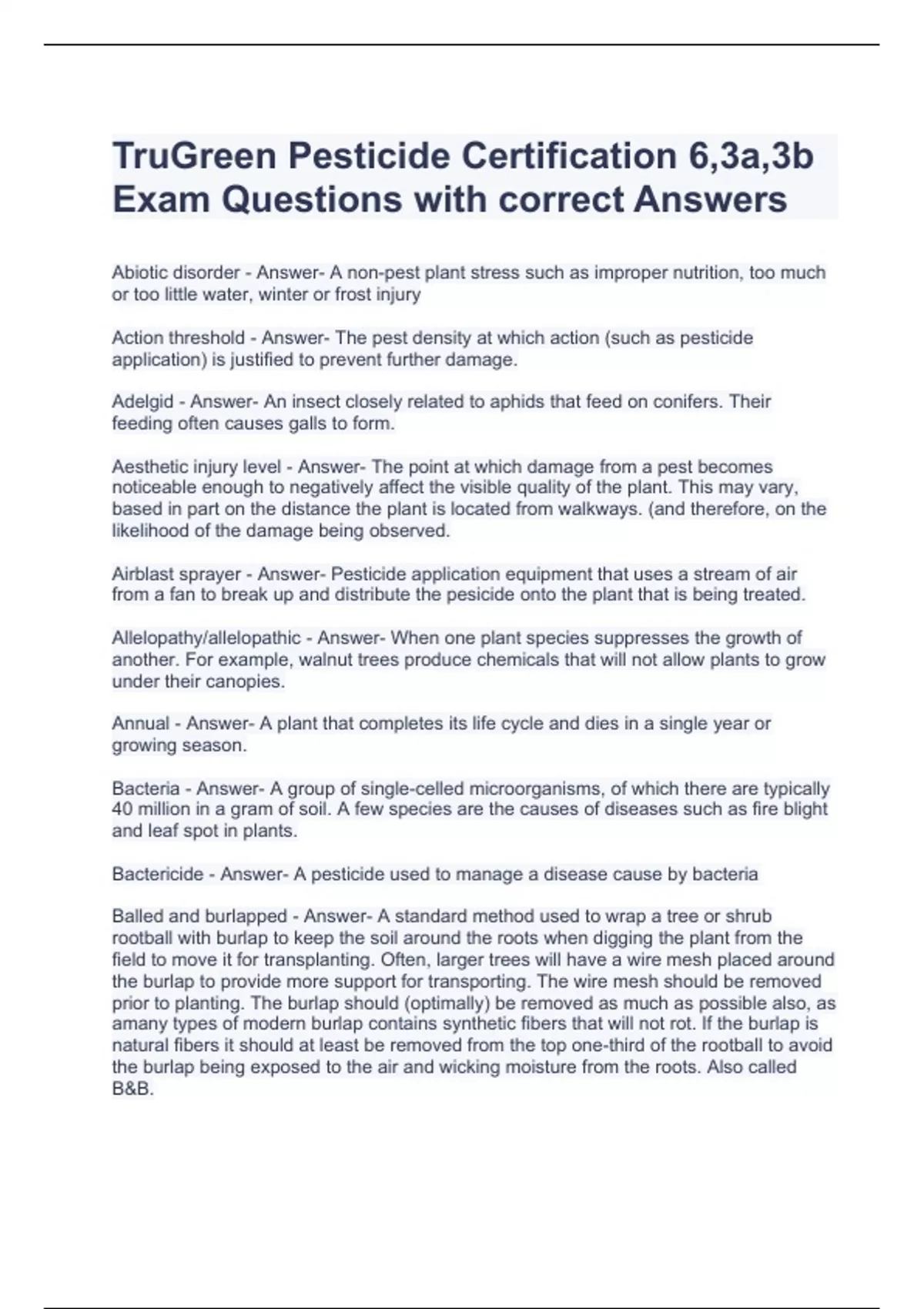 TruGreen Pesticide Certification 6,3a,3b Exam Questions with correct