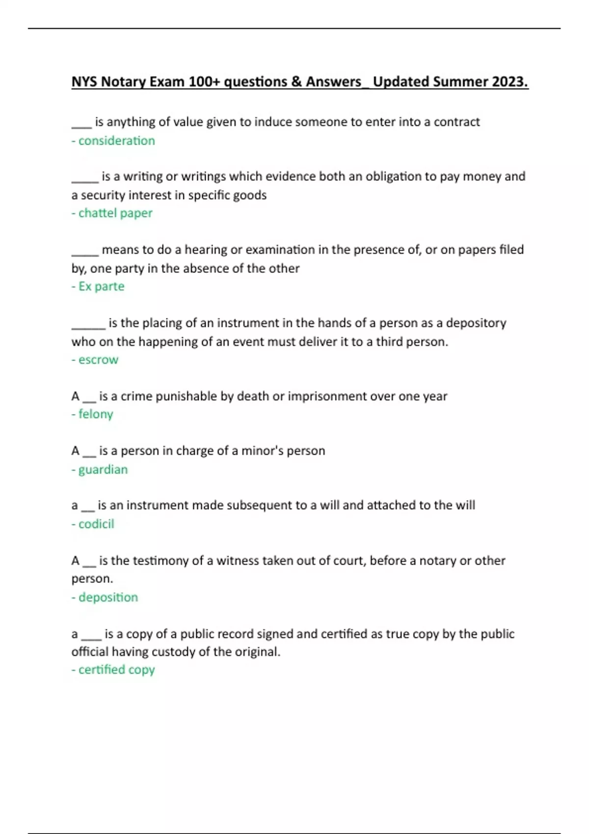 Summary New York Notary Public Exam/ NYS Notary Exam 100+ questions