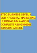 BTEC BUSINESS LEVEL 3 UNIT 17 DIGITAL MARKETING LEARNING AIM A AND B COMPLETE ASSIGNMENT 2022/2023 LATEST.