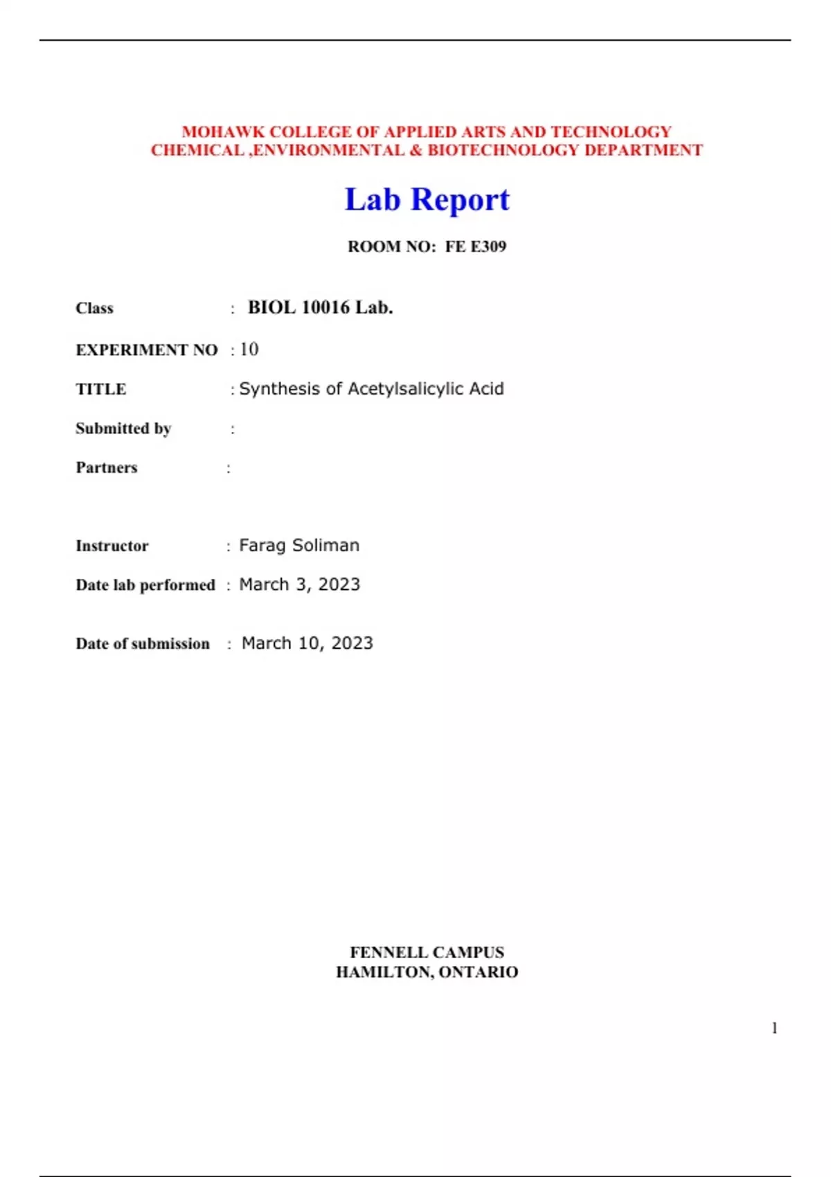 Experiment 10 Synthesis of Acetylsalicylic Acid Laboratory Report Form