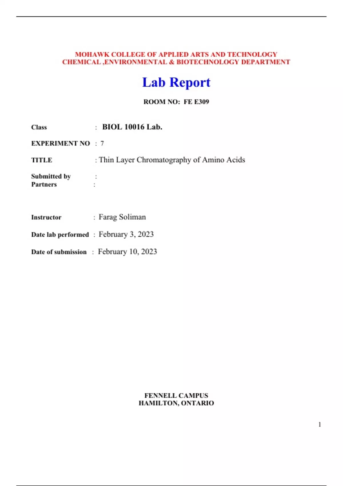 BIOL 10016 Experiment 7 Thin Layer Chromatography of Amino Acids (2023