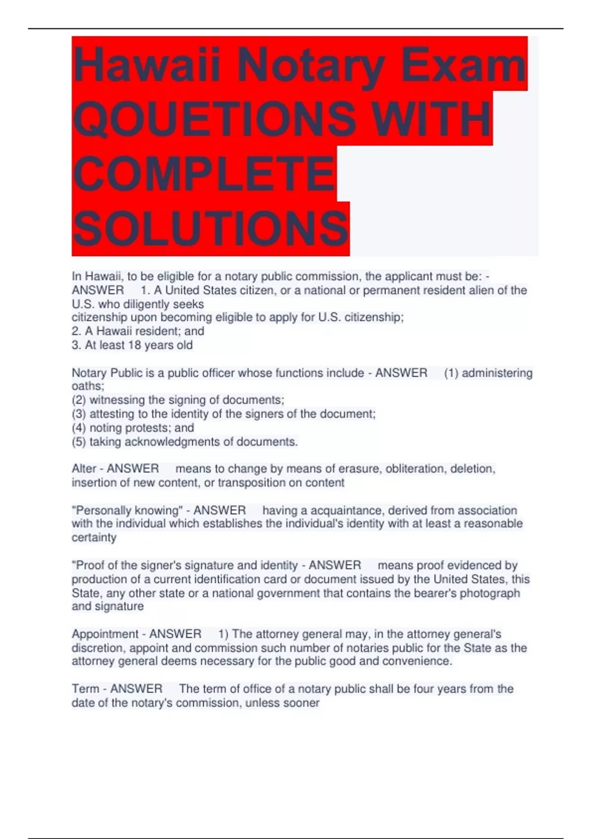 Hawaii Notary Exam QOUETIONS WITH COMPLETE SOLUTIONS Hawaii Stuvia US