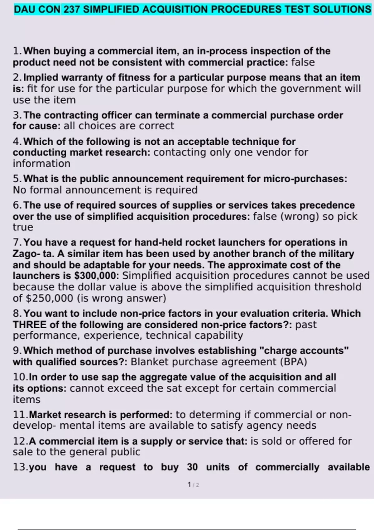 DAU CON 237 SIMPLIFIED ACQUISITION PROCEDURES TEST SOLUTIONS QUESTIONS