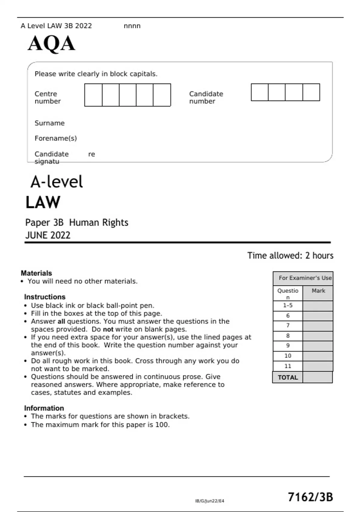AQA A-level LAW Paper 3B Human Rights JUNE 2022 QUESTION PAPER - A ...