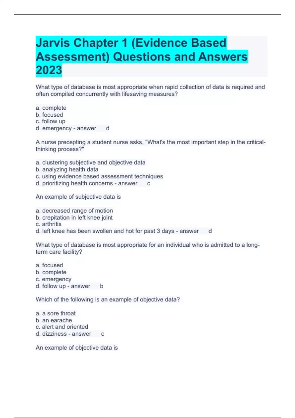 Jarvis Chapter 1 (Evidence Based Assessment) Questions and Answers 2023 Jarvis Stuvia US