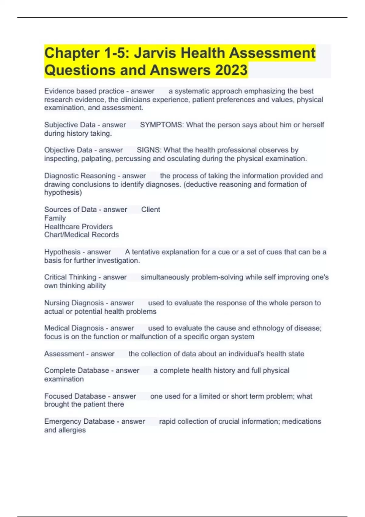 Chapter 15 Jarvis Health Assessment Questions and Answers 2023