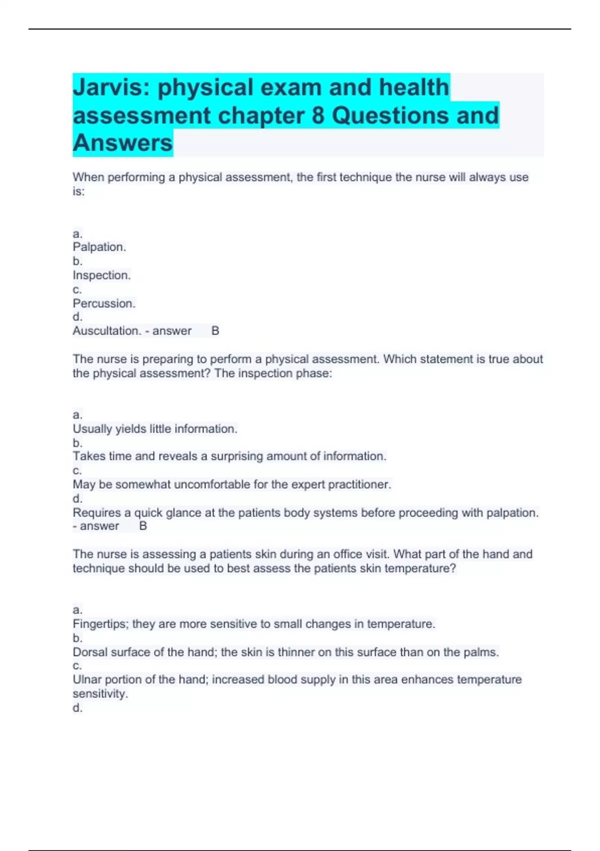 Jarvis physical exam and health assessment chapter 8 Questions and Answers Jarvis Stuvia US